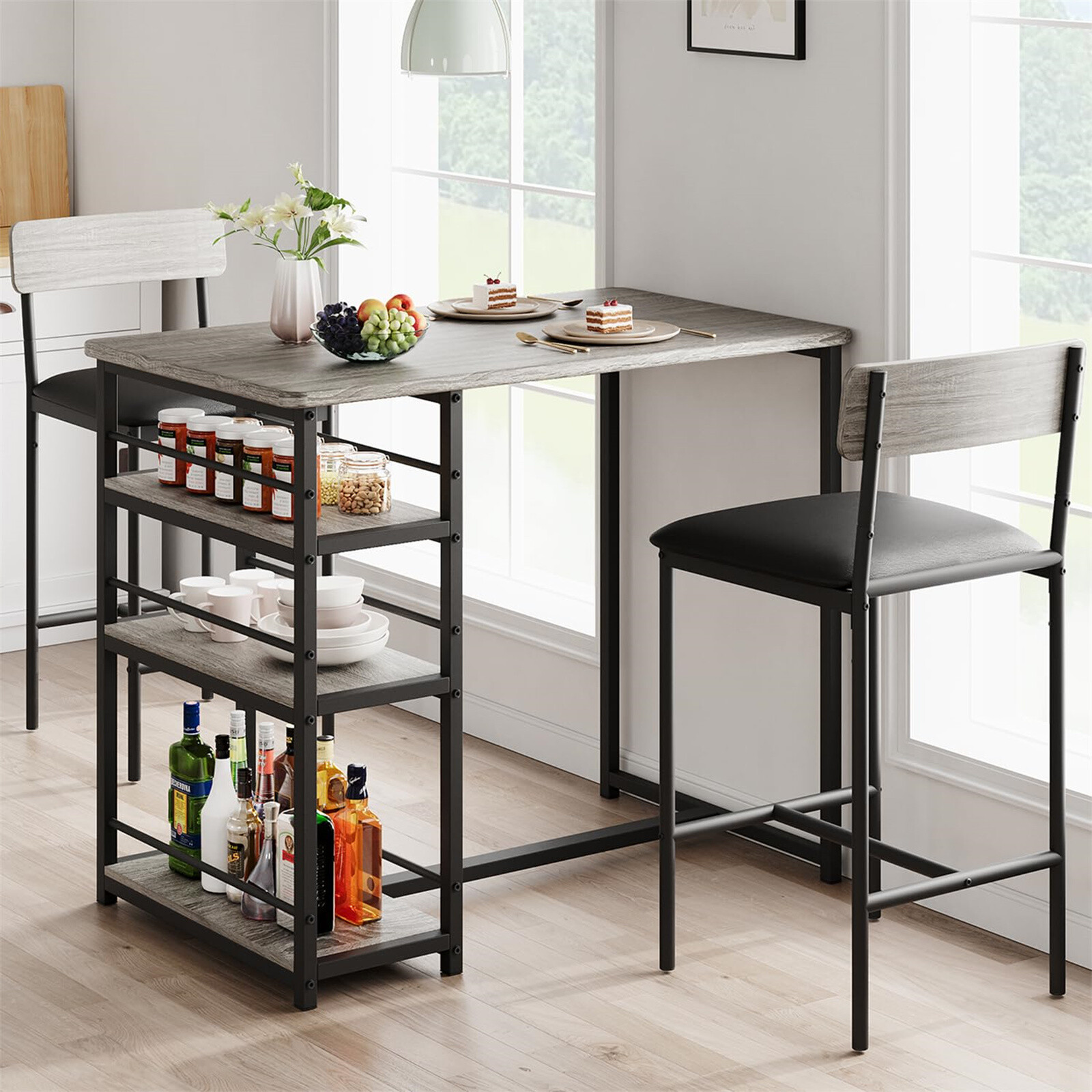 Dining Table Kitchen Table Set with 2 Upholstered Chairs 3 Large Storage Shelve