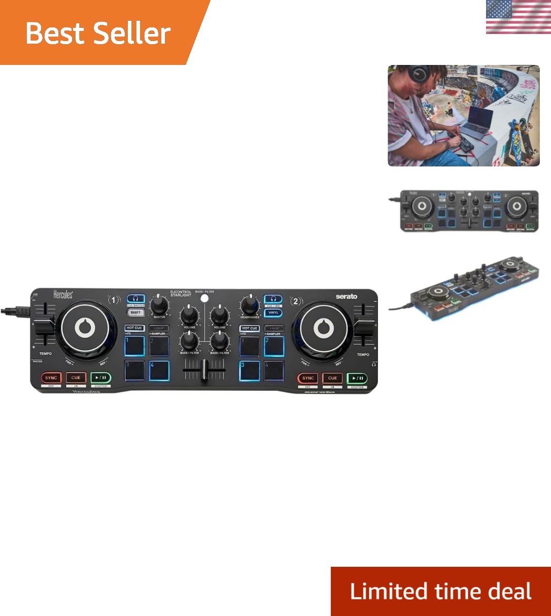 DJControl Starlight: Portable USB DJ Mixer with RGB Light Show & Serato Lite
