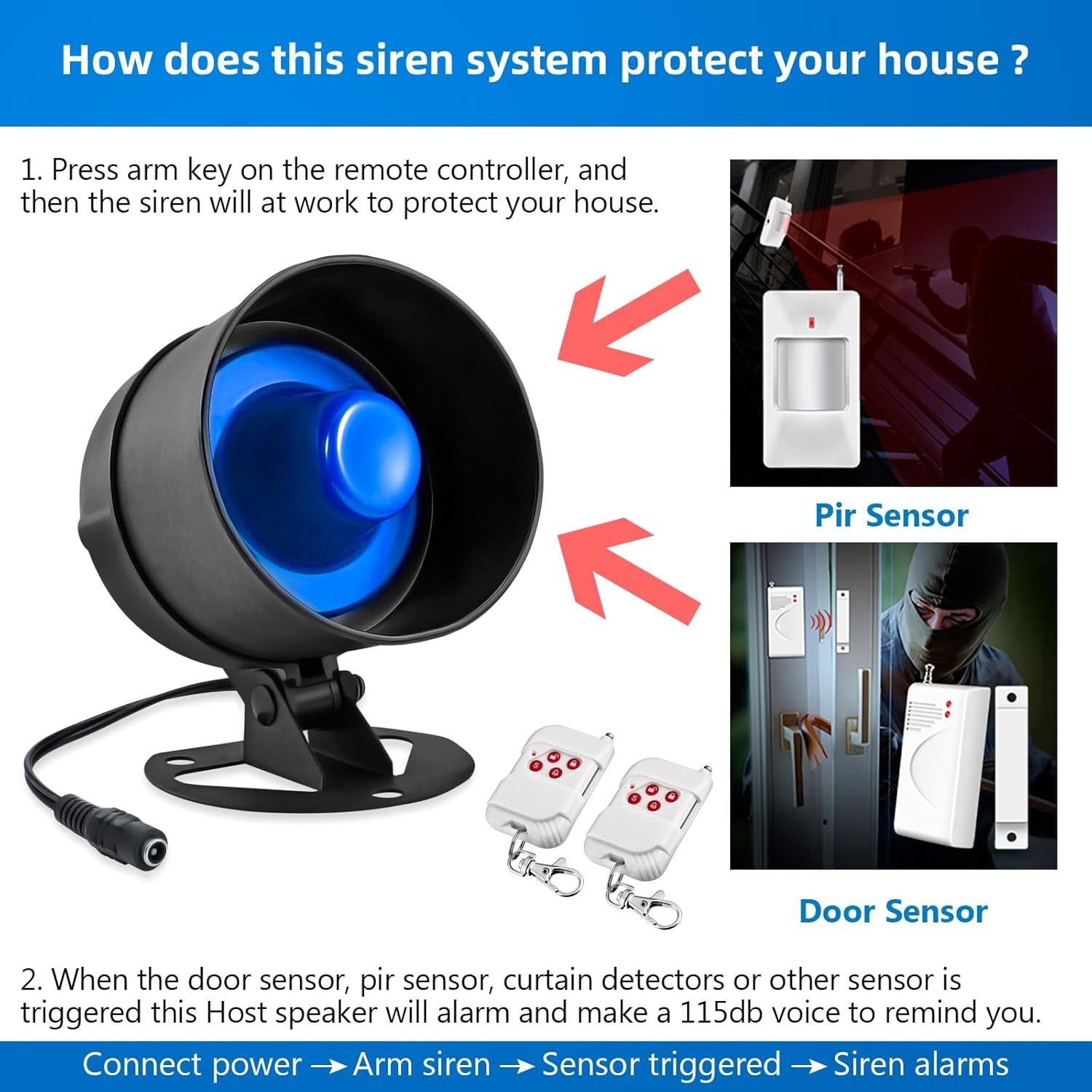 Complete Wireless Anti Break In Alarm 110dB Siren Entry Detector Remote