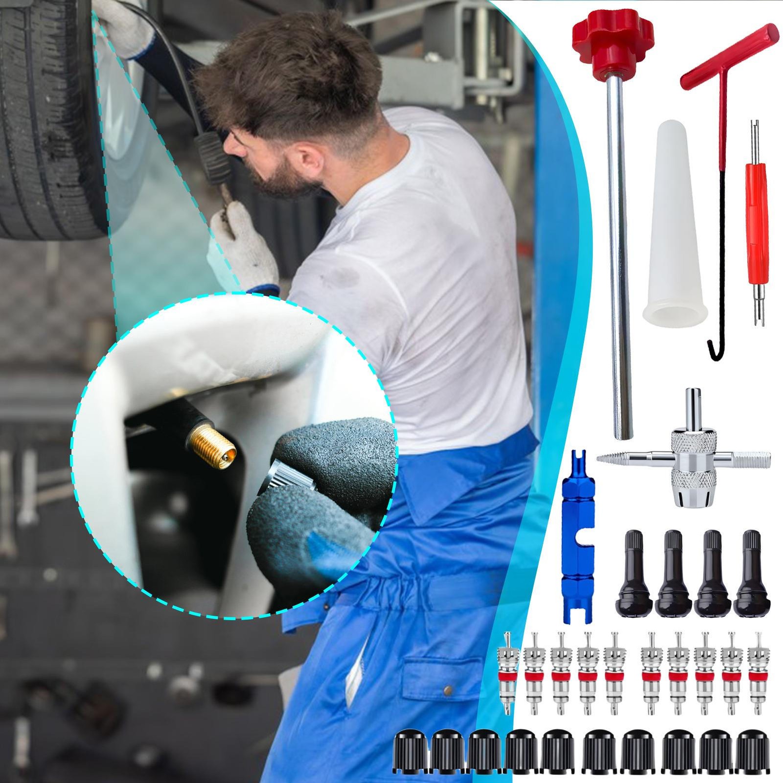 30Pcs Valve Stem Tool Kit Tire Installer Tool Valve Remover Tool Quick Change