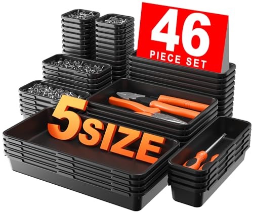 【????? & 5 Size】Tool Box Organizer Tray Divider Set, 5 size 46pcs Black