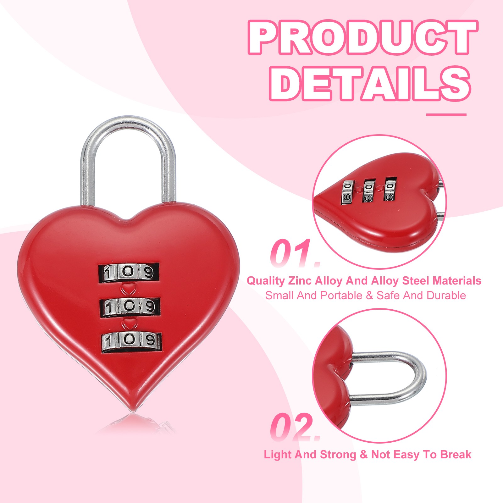 2 Pack Combination Locks Heart Shape Password Padlock Love Locker Lock Red