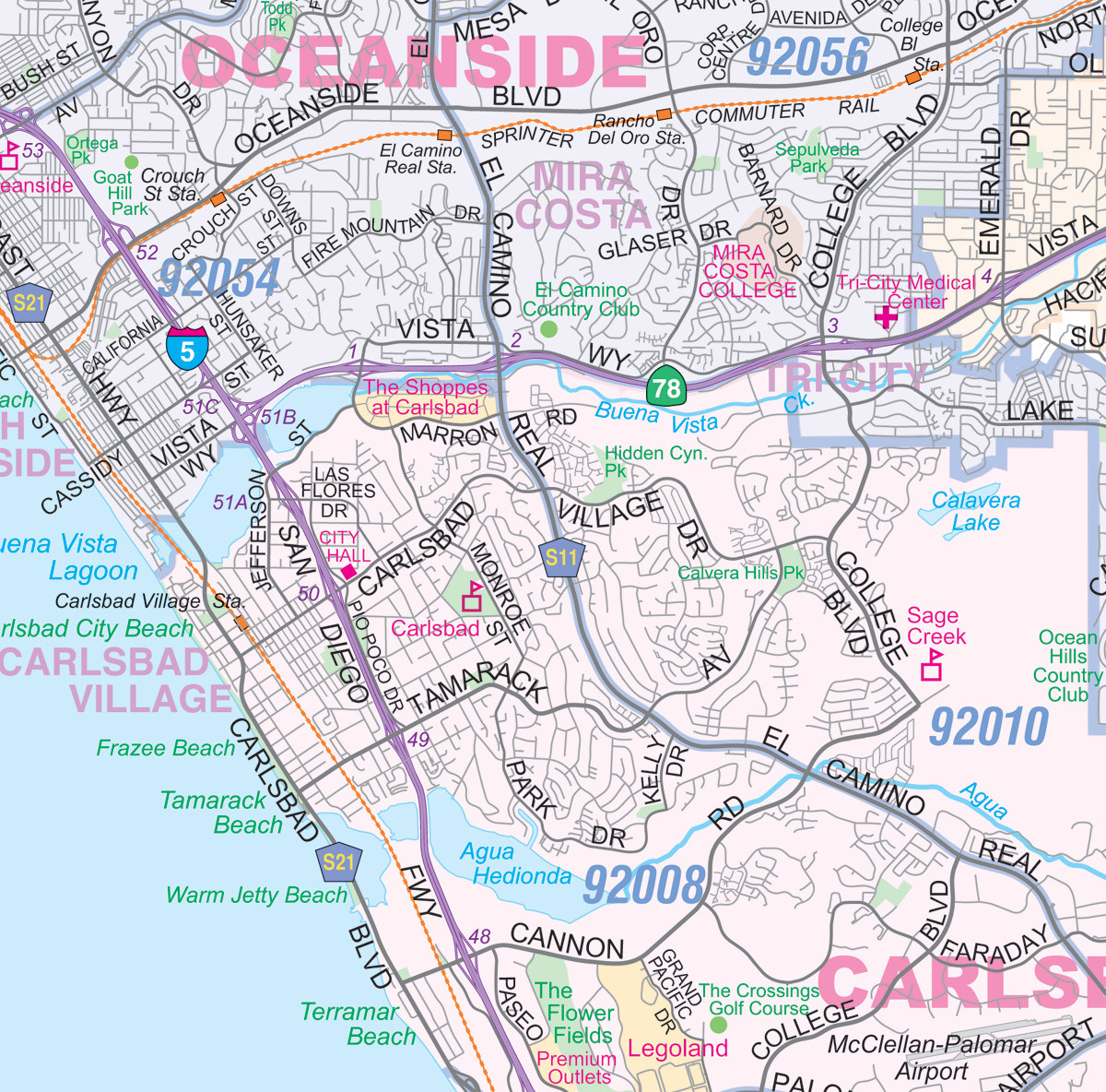 Greater San Diego CA Detailed Region Wall Map w/Zip Codes