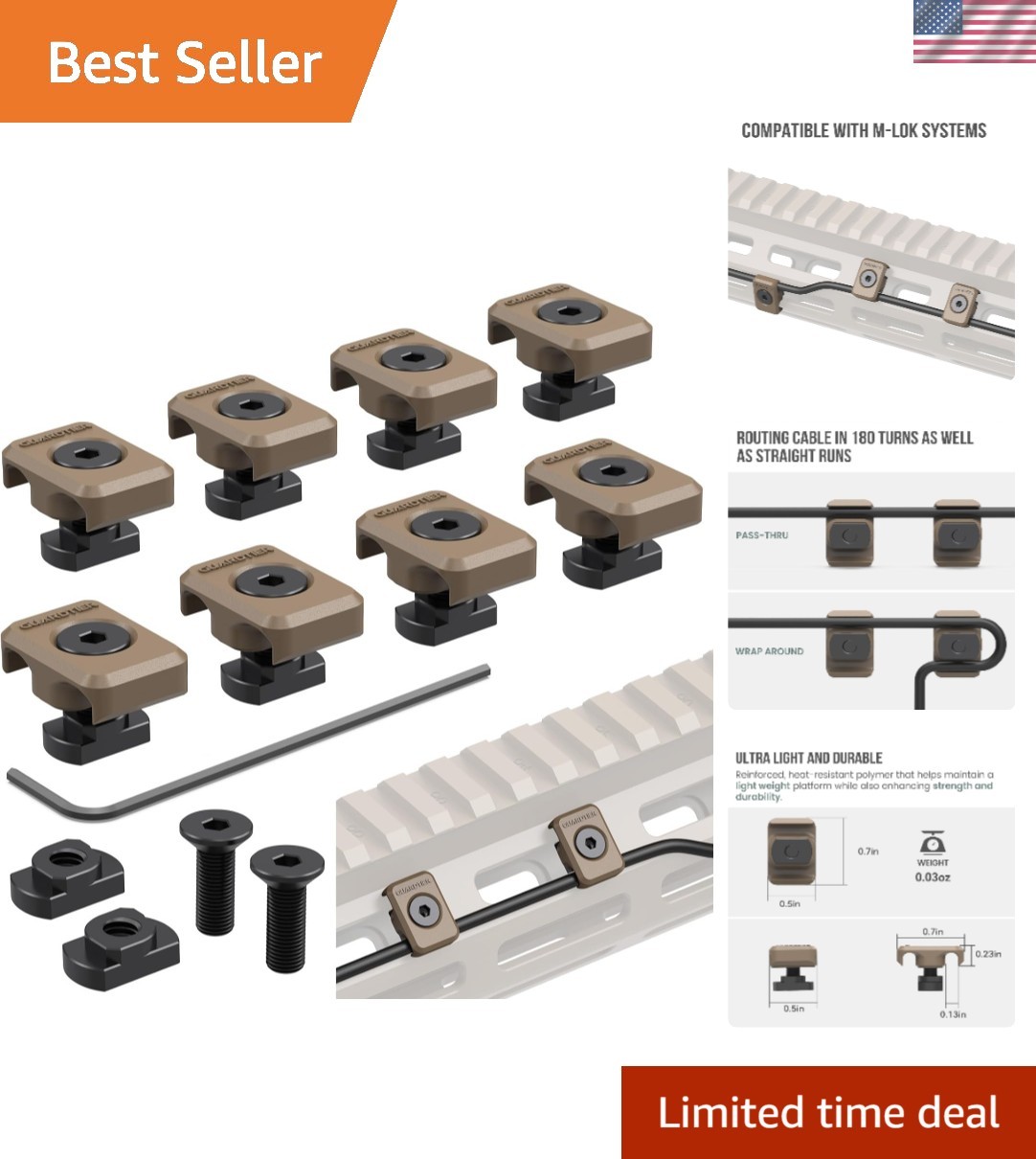 M-LOK Cable Management Clips 8-Pack - Durable Polymer Wire Guides - Black Tan