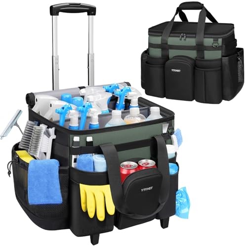 Cleaning Caddy with Wheels, Extra Large Rolling Cleaning Caddy Bag Black Green
