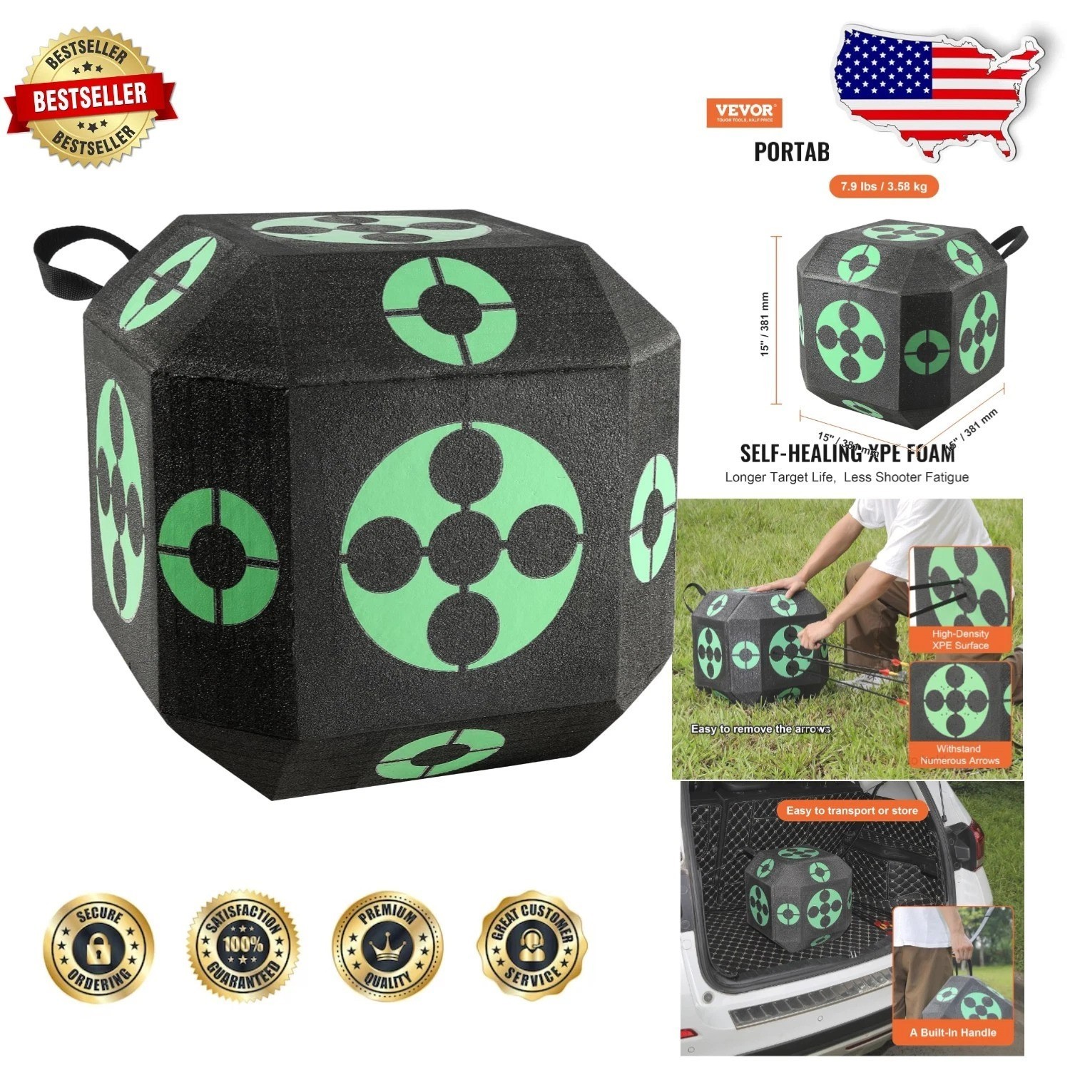 Outdoor Archery Target 15" - Portable Block, XPE Self-Healing, All-Side Shooting