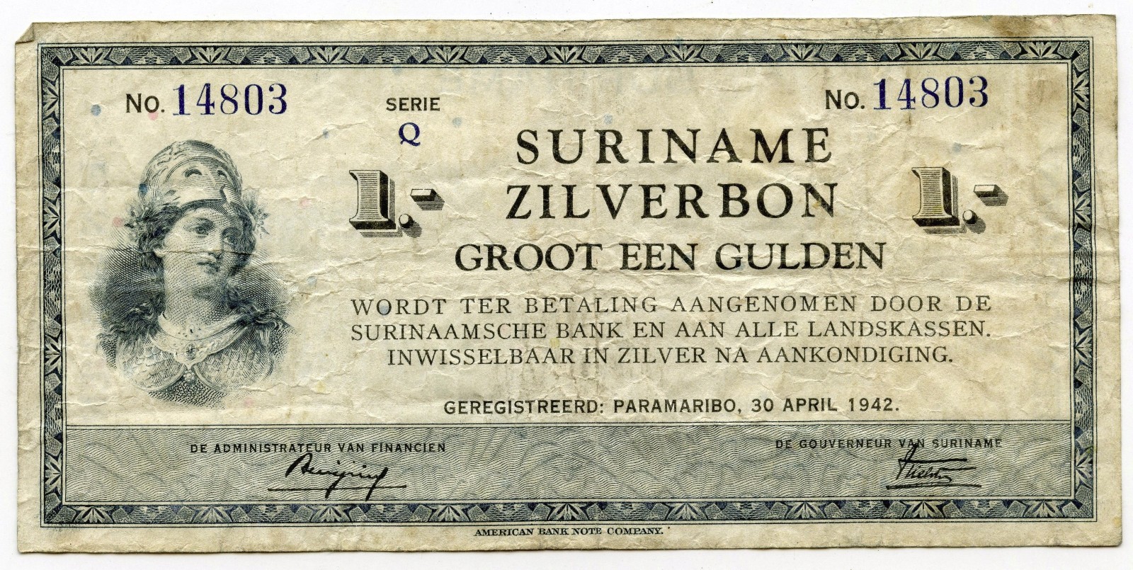 1942 Suriname Zilverbon 1 Gulden Serie Q Currency Note - L950