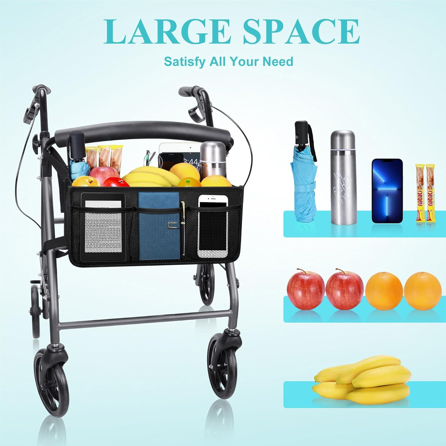 Dotday Rollator Basket, Rollator Walker Bag with Cup Holder, Folding Rollator Wa
