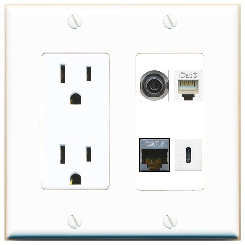 3-5MM CAT7 PHONE USBC Port Wall Plate w/Power Outlet White