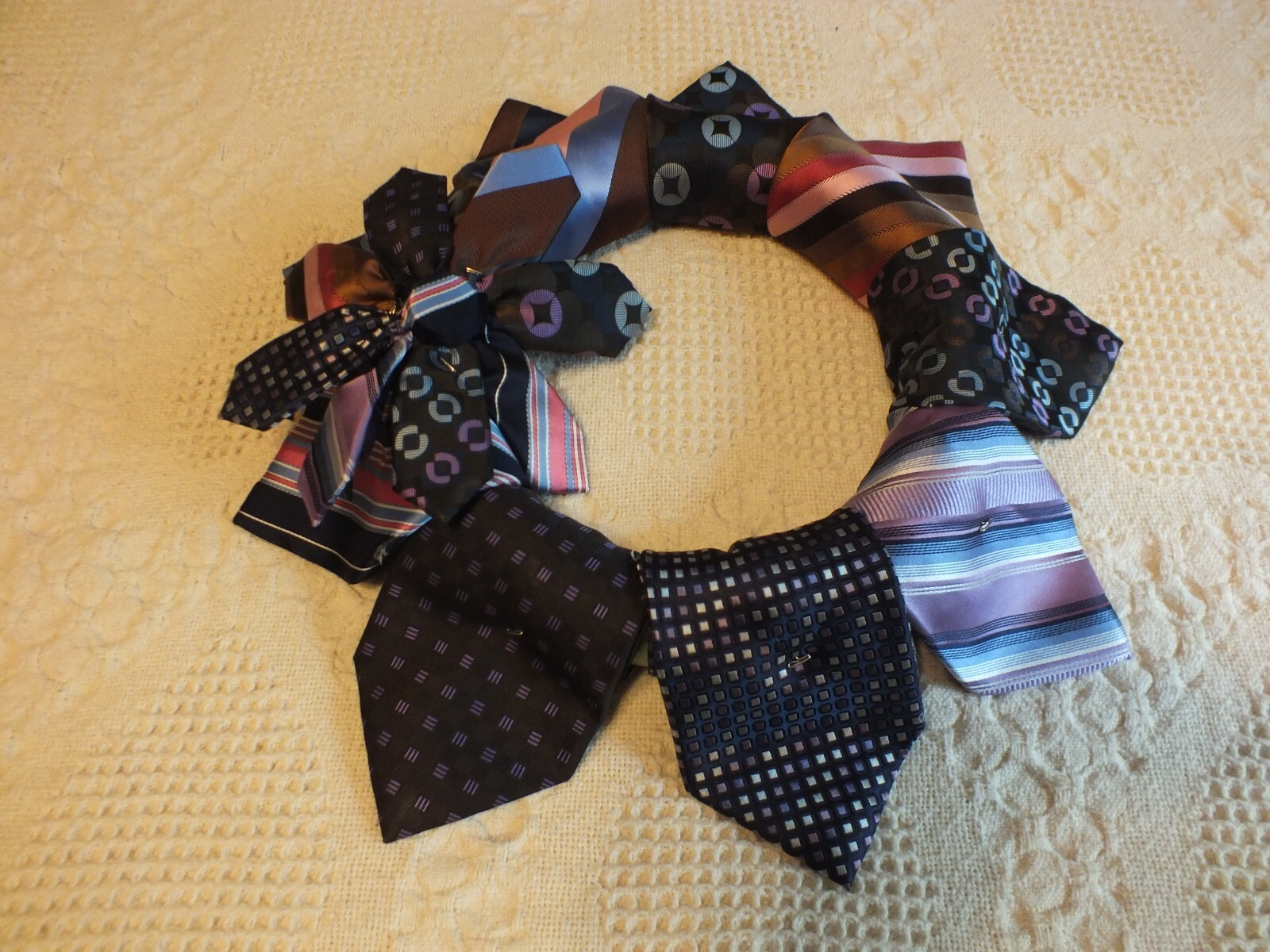Collectible Wreath Repurposed Recycled Mens Ties 17" Handmade Flower Purples