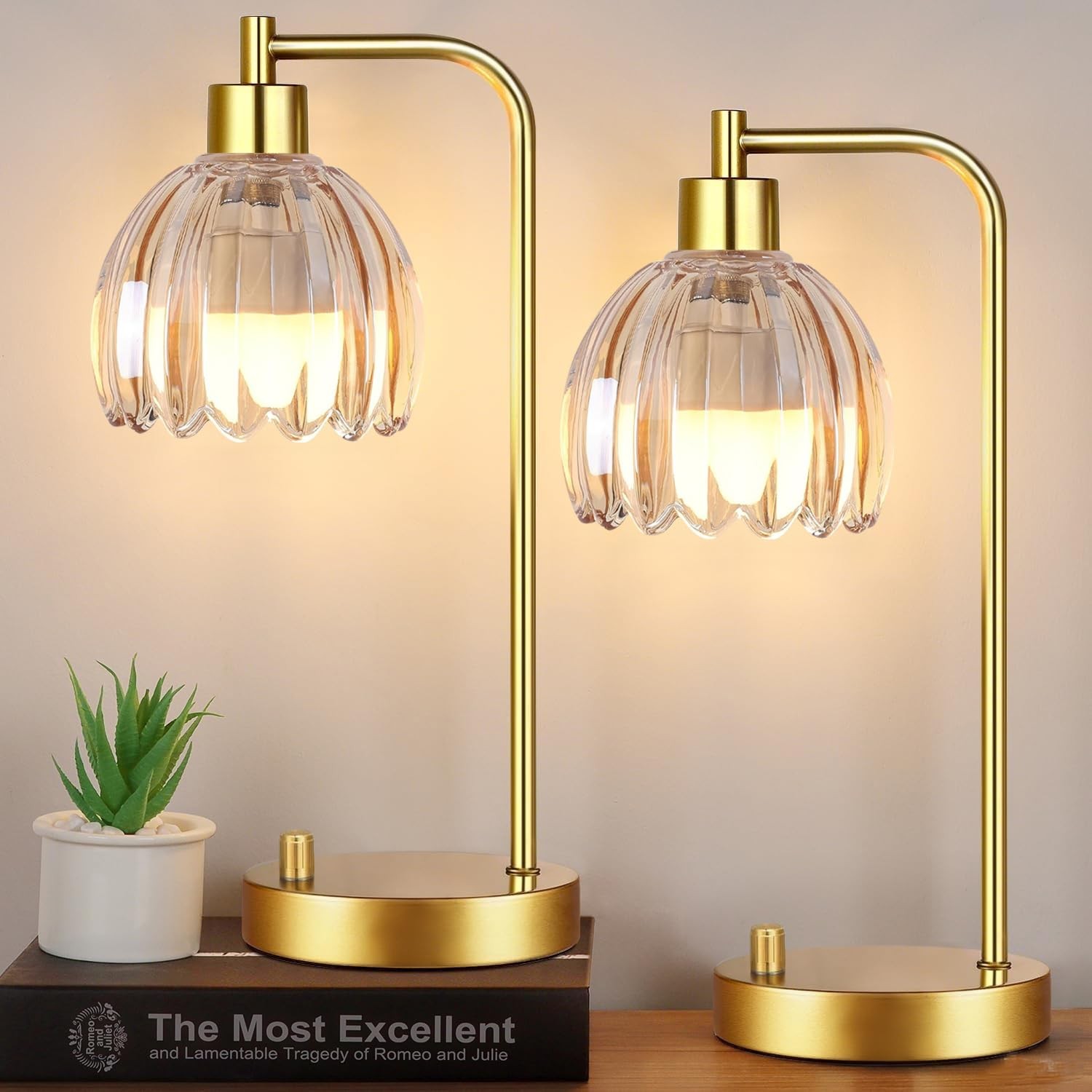 ILLMTW Glass Table Lamp Set of 2,Small Gold Bedside Lamps Lamp-5,