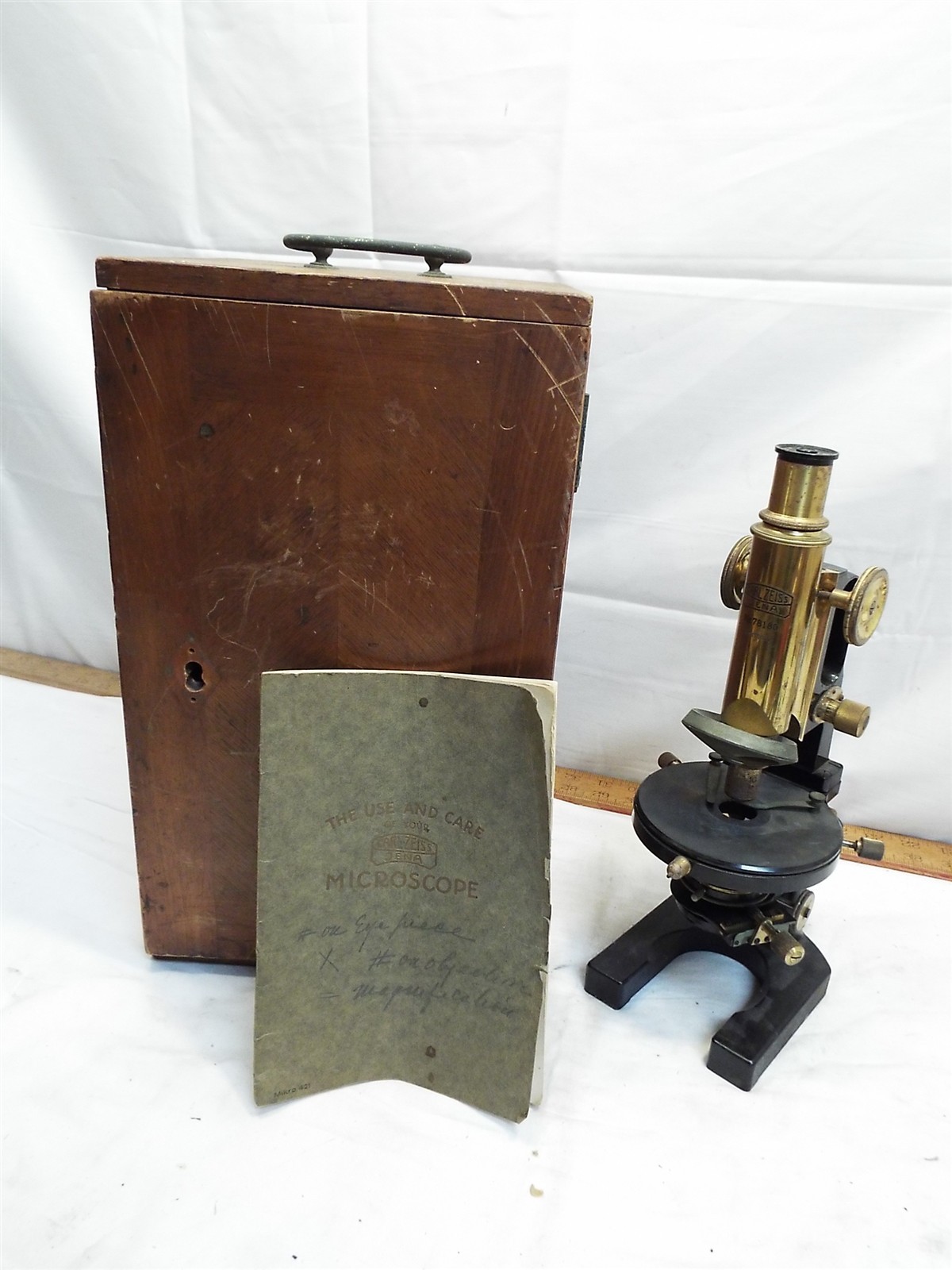 Vintage Carl Zeiss Microscope Brass & Iron Lab Tool in Wooden Case