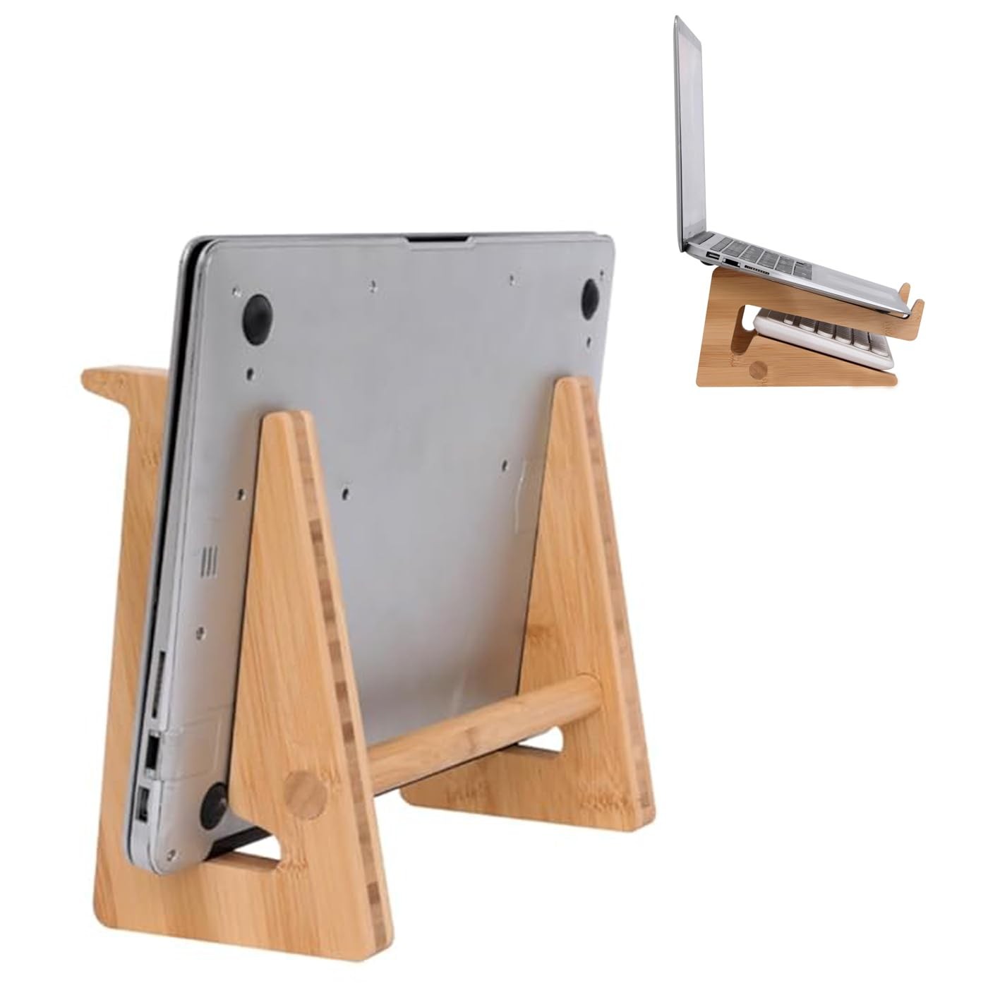 Nuvograin Wooden Vertical Laptop Stand for Desk, Bamboo Laptop Holder Compati...