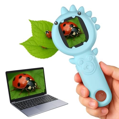 Kids Microscope Camera, 500X Handheld 2" IPS Screen, Blue Dinosaur | 2-in-1...