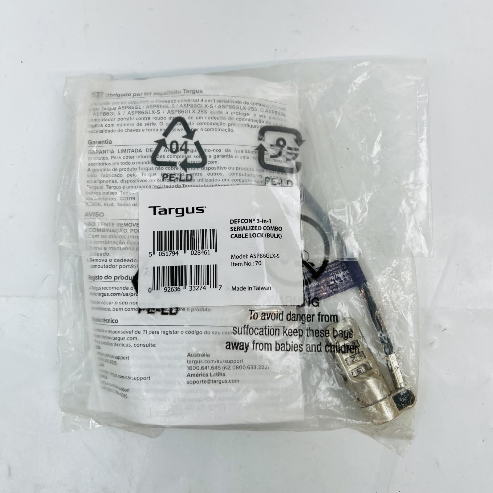 Targus Defcon 3-in-1 Serialized Combo Cable Lock ASP86GLX-S