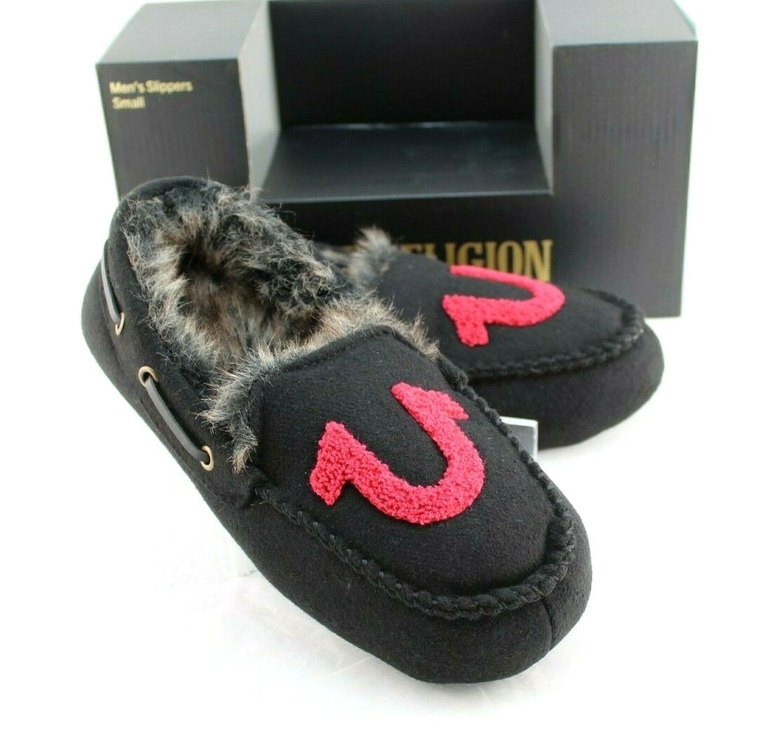 New TRUE RELIGION Size S 7-8 Black / Red Faux Fur Lined Men's Moccasins Slippers