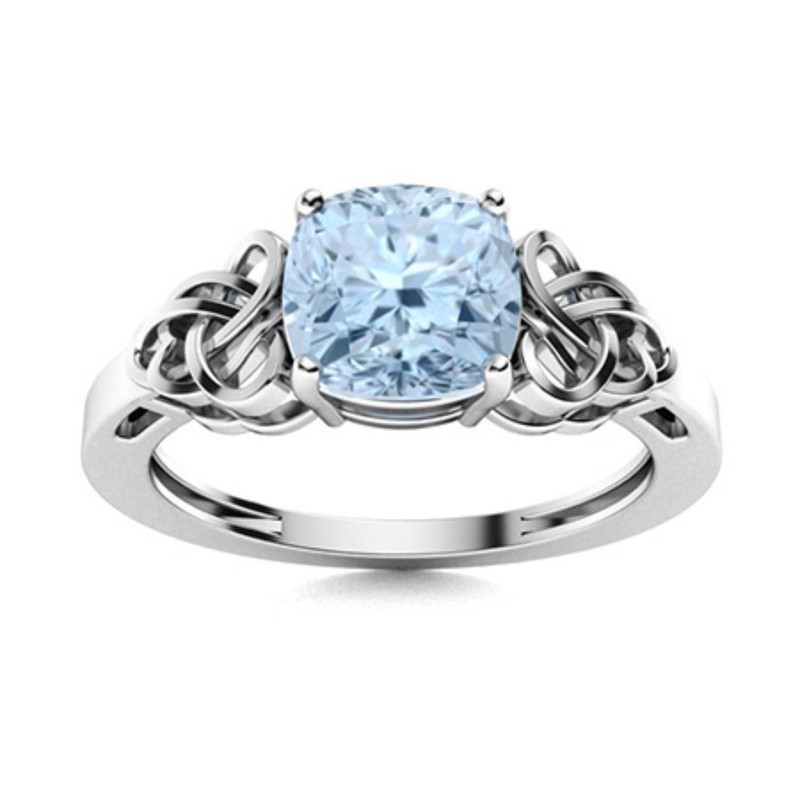 925 Sterling Silver Solitaire 6MM Cushion Shape Natural Aquamarine Celtic Ring
