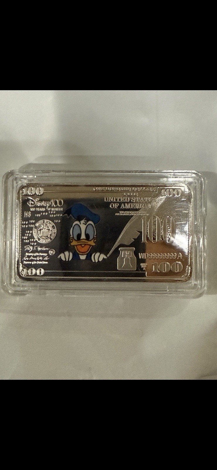 Disney 100 Years of Wonder Silver plated Donald Duck 1”x2” bar