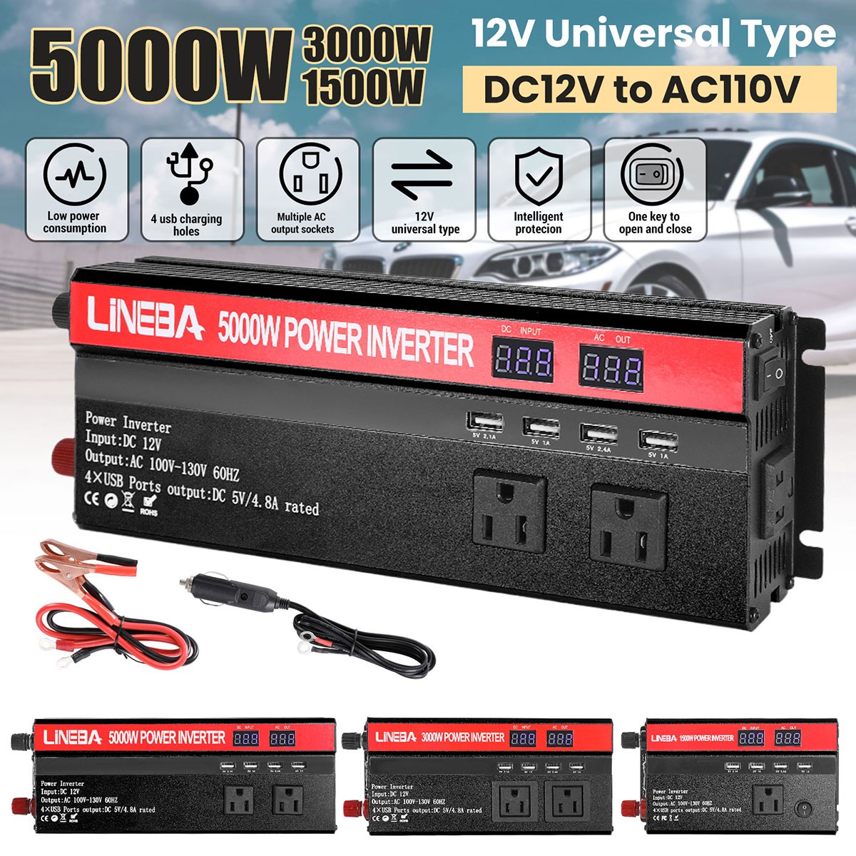 5000W Car Power Inverter DC 12V 24V to AC 110V Converter With LCD 4USB 2AC Trip