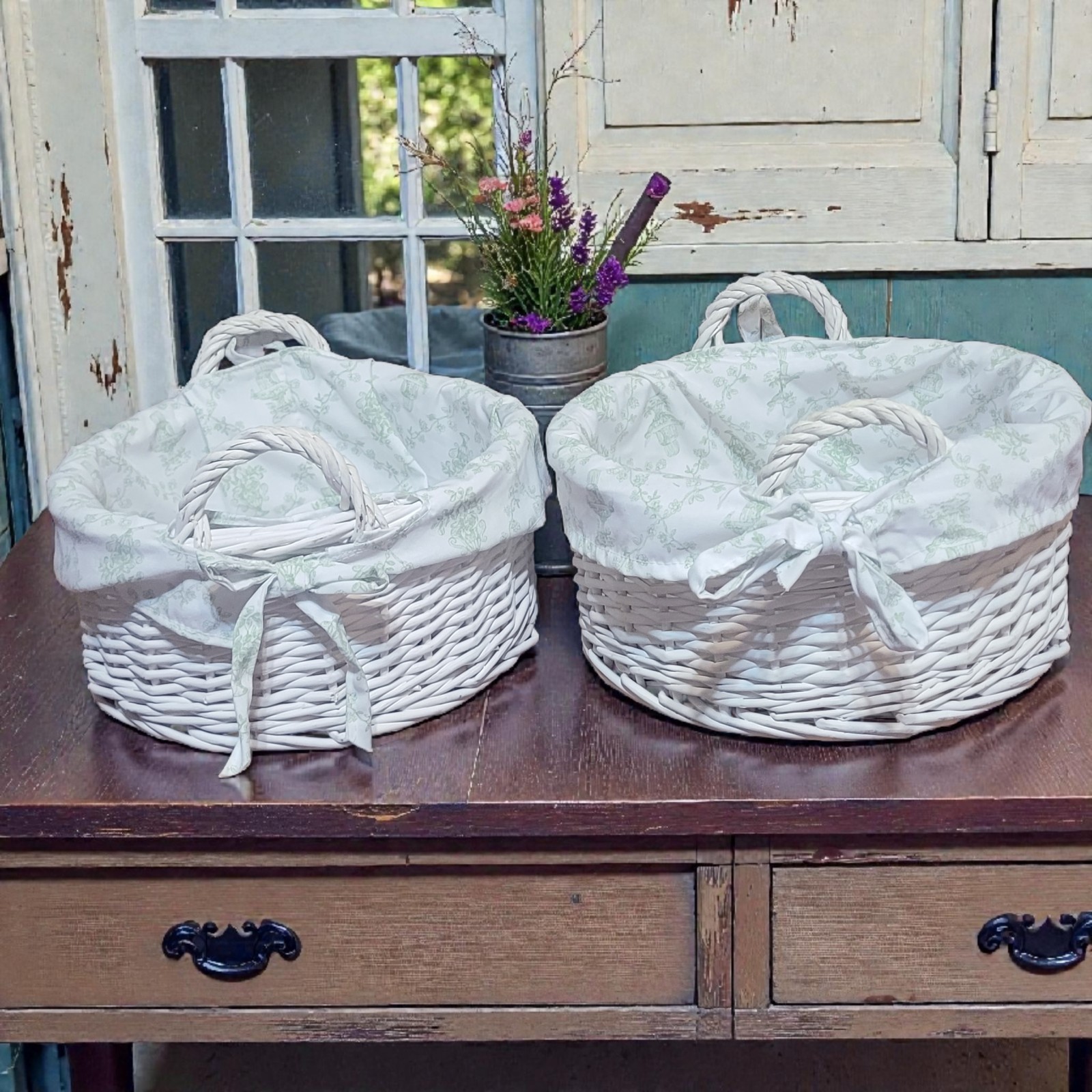 2 white whicker storage basket with Toile patterned cloth liner country decor
