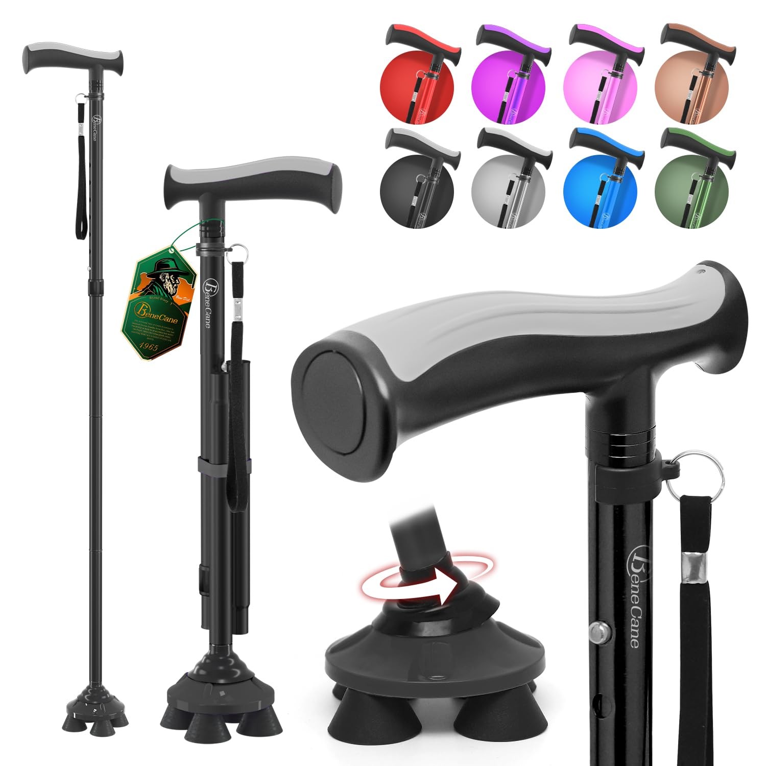 Walking Cane Quad Adjustable 31-38" Height Lightweight Folding - Ideal