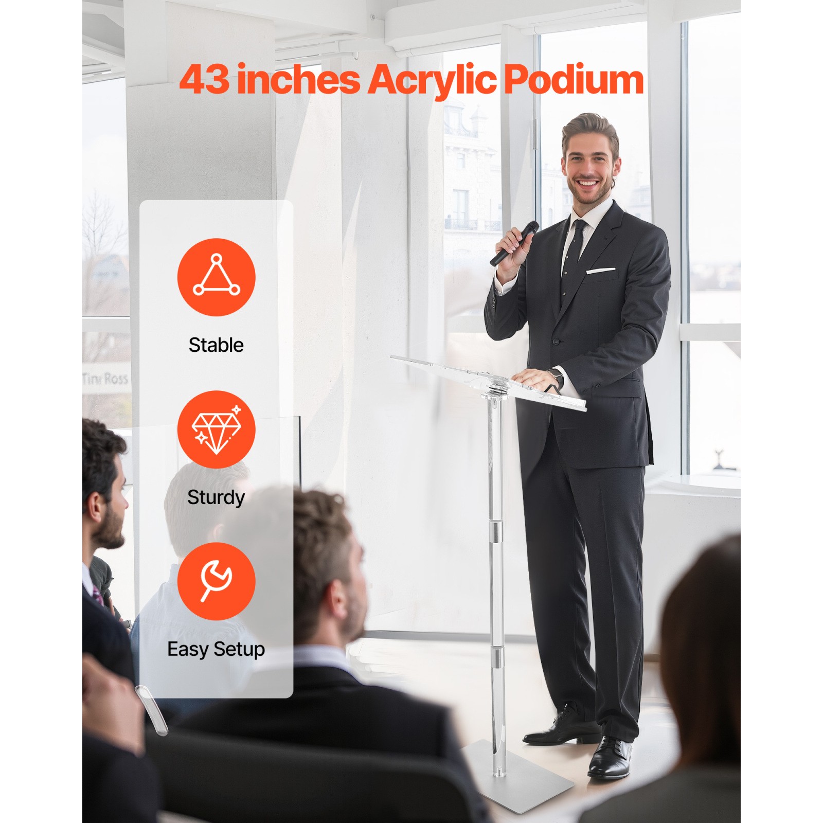 Acrylic Lectern Podium Stand 43" Adjustable Angle Portable Floor Standing