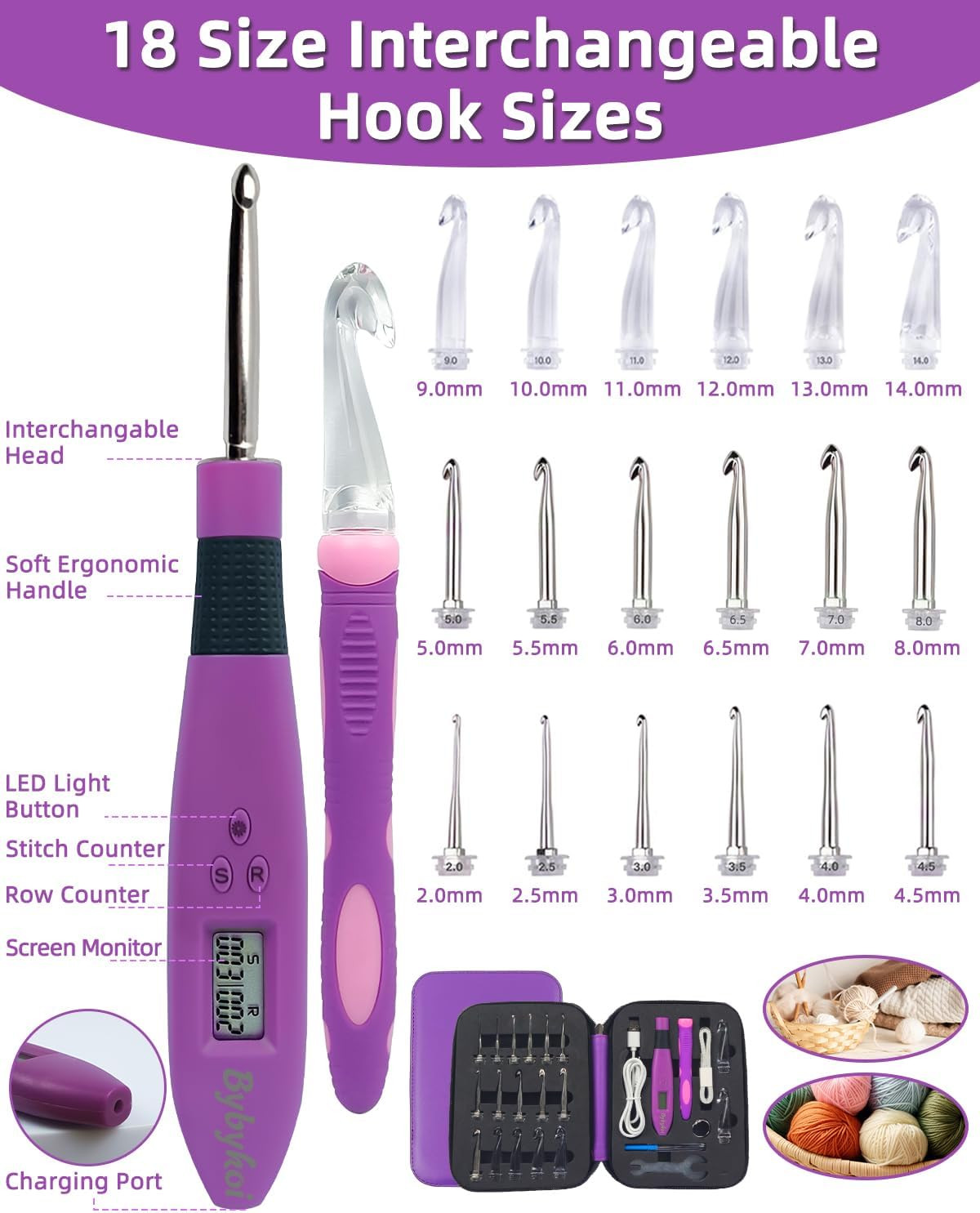 Light up Crochet Hooks Set-18 Sizes Digital Crochet Hook with Counter 2.0~14....