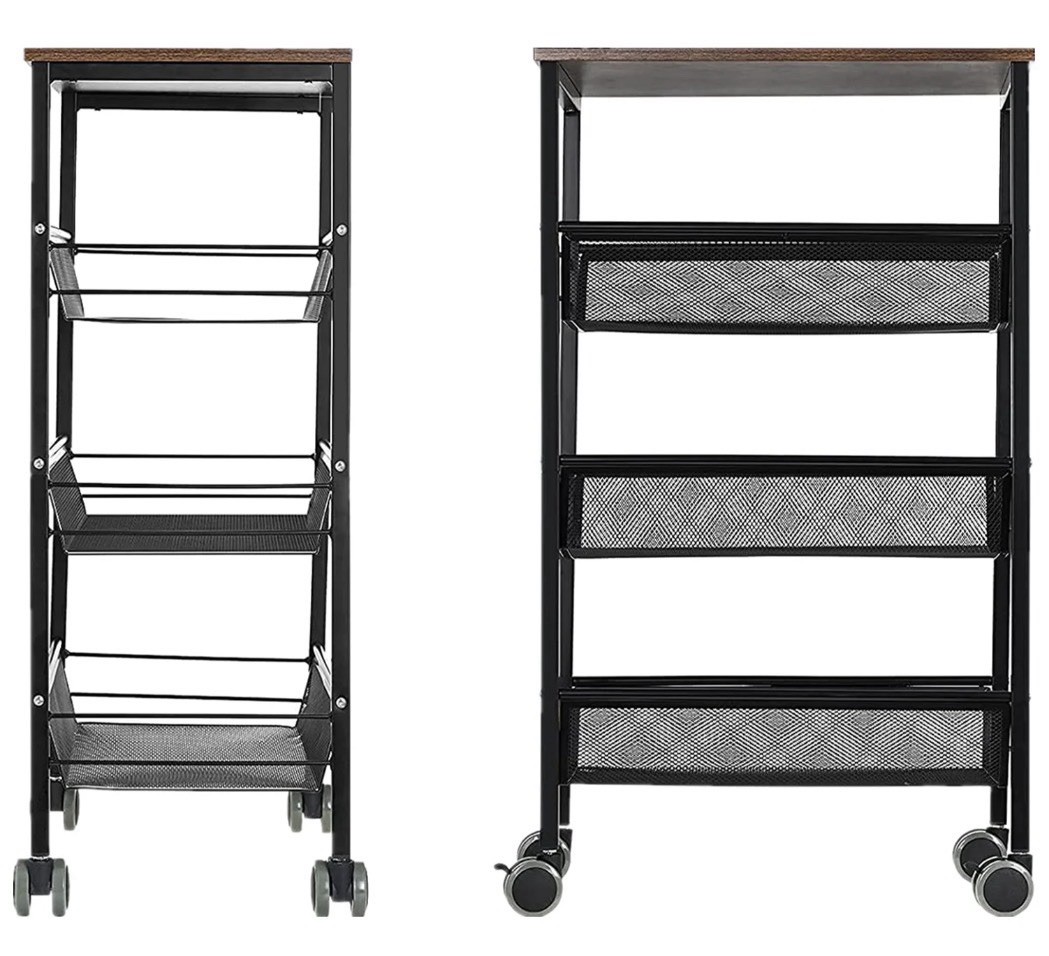Rustic 3-Tier Metal Wire Storage Kitchen Cart on Wheels Black