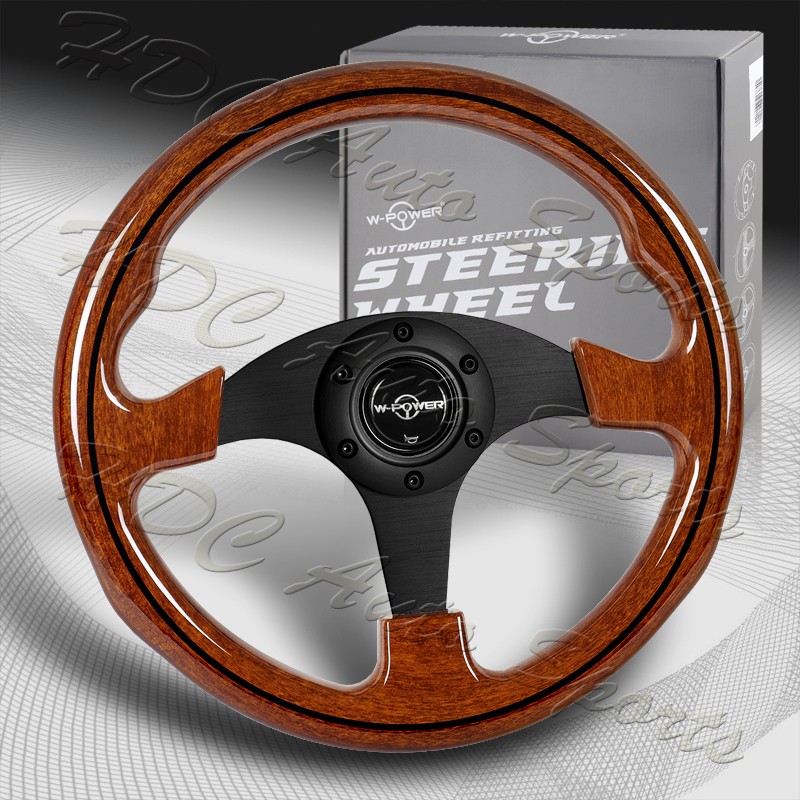 W-Power 330MM Brown Wood Grain W/ Black Line Black Spoke 13-Inch Steering Wheel