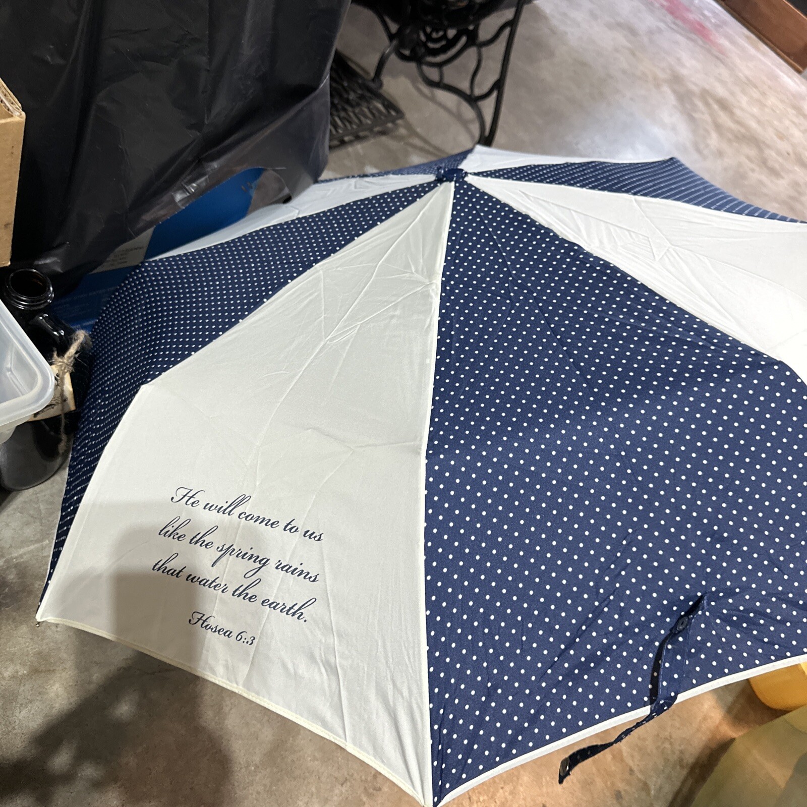 Isabellas Journey Auto Open Umbrella Navy Cream Blue Plastic Handle Hosea 6:3