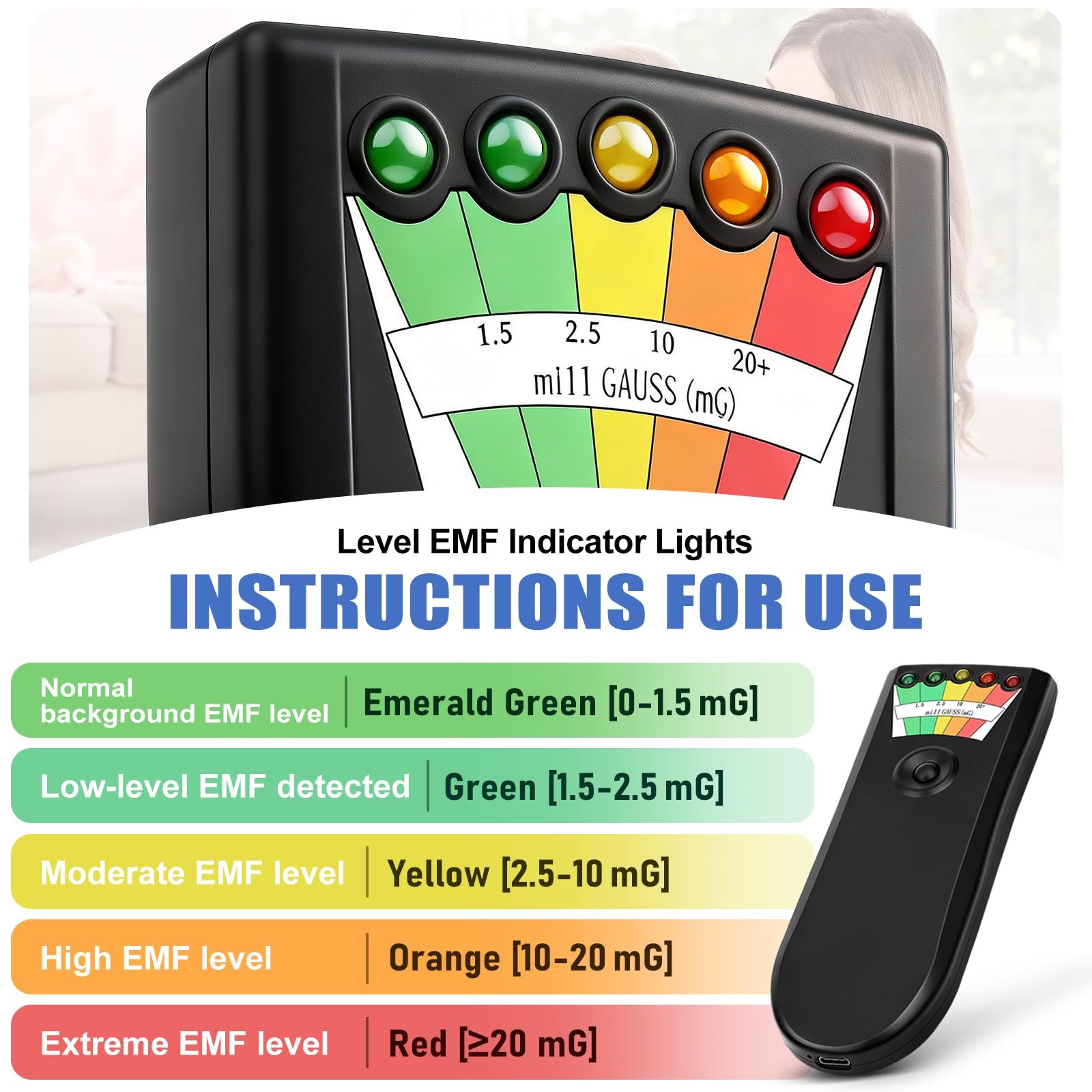 Upgraded Rechargeable EMF Meter with 5 Level LED EMF Meter Portable Handheld ...