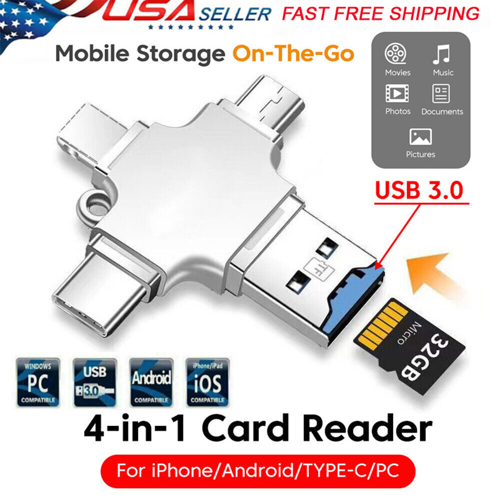 4IN1 USB 3.0 Flash Drive Micro TF Card Reader Adapter OTG Type-C iPhone Android