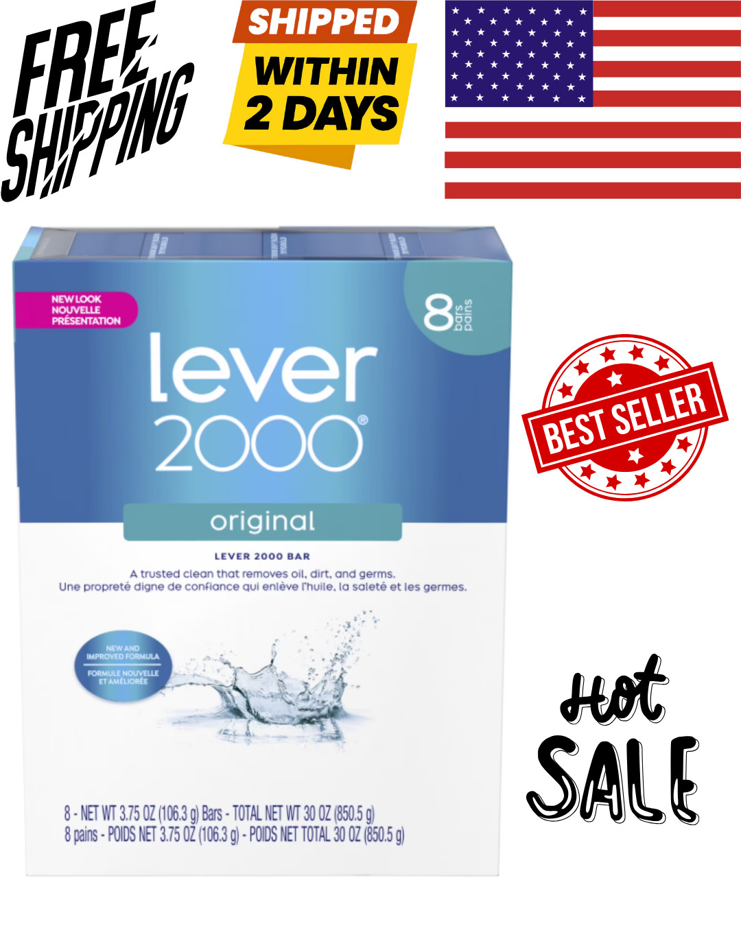 Lever 2000 Perfectly Cool Bar Soap, Original Refreshing for Dry Skin – Pack of 8