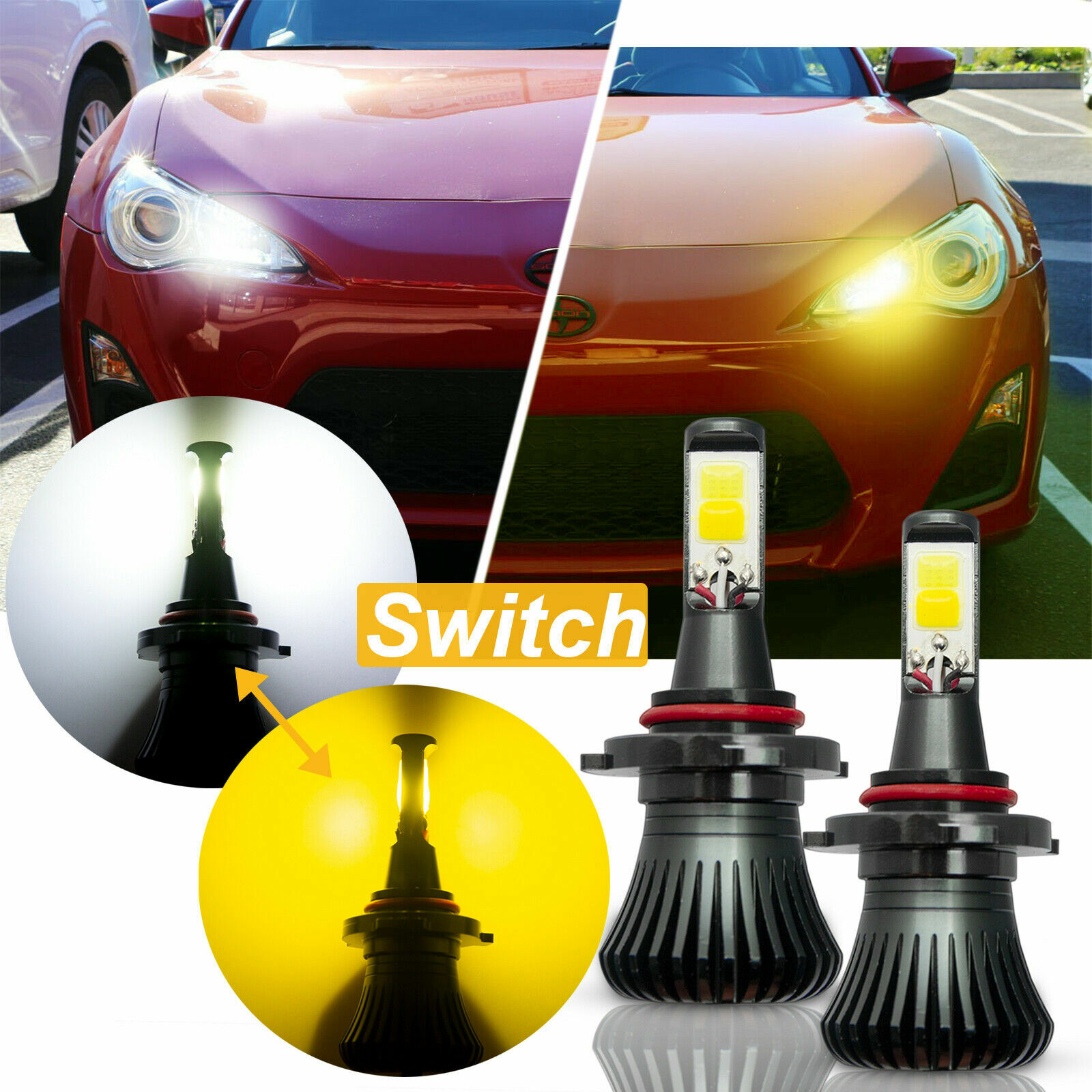 2x White/Yellow Dual Color 9005 9006 LED COB DRL High Beam Running Light Bulbs