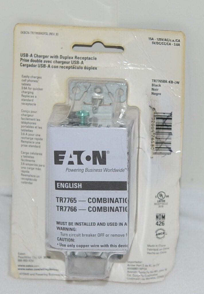 Eaton TR7765BK USB A Charger Duplex Receptacle Two Devices Same Time