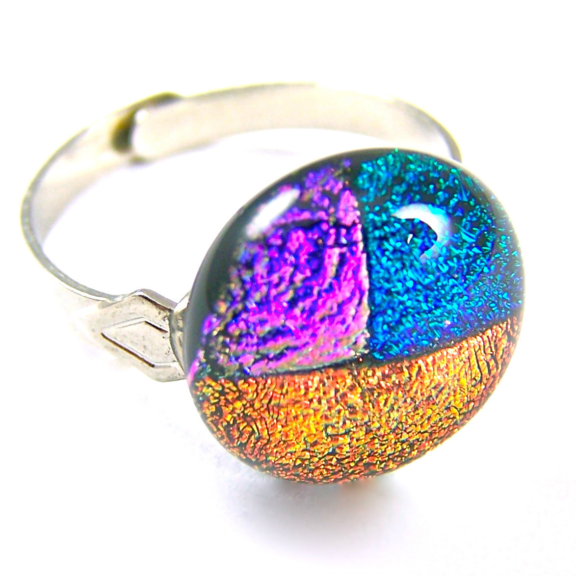 Dichroic Glass Ring Adjustable 1/2" 12mm Pink Green Gold Copper Round Patchwork