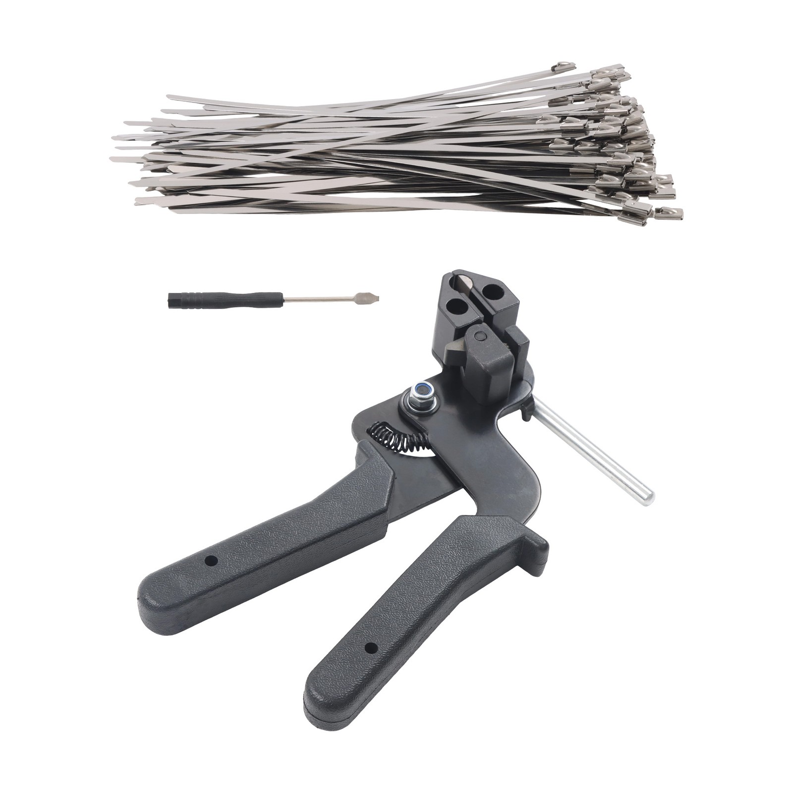 Stainless Steel Cable Tie Gun + 50pcs Metal Zip Ties 200lb Self-locking 5.9"