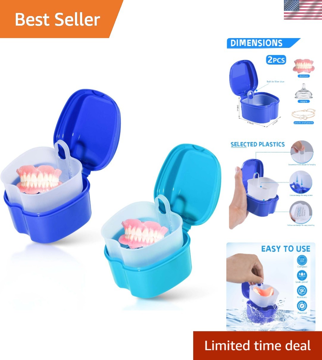 Versatile Denture Bath Case Set - Quick Drain Strainer Design, 2 Count