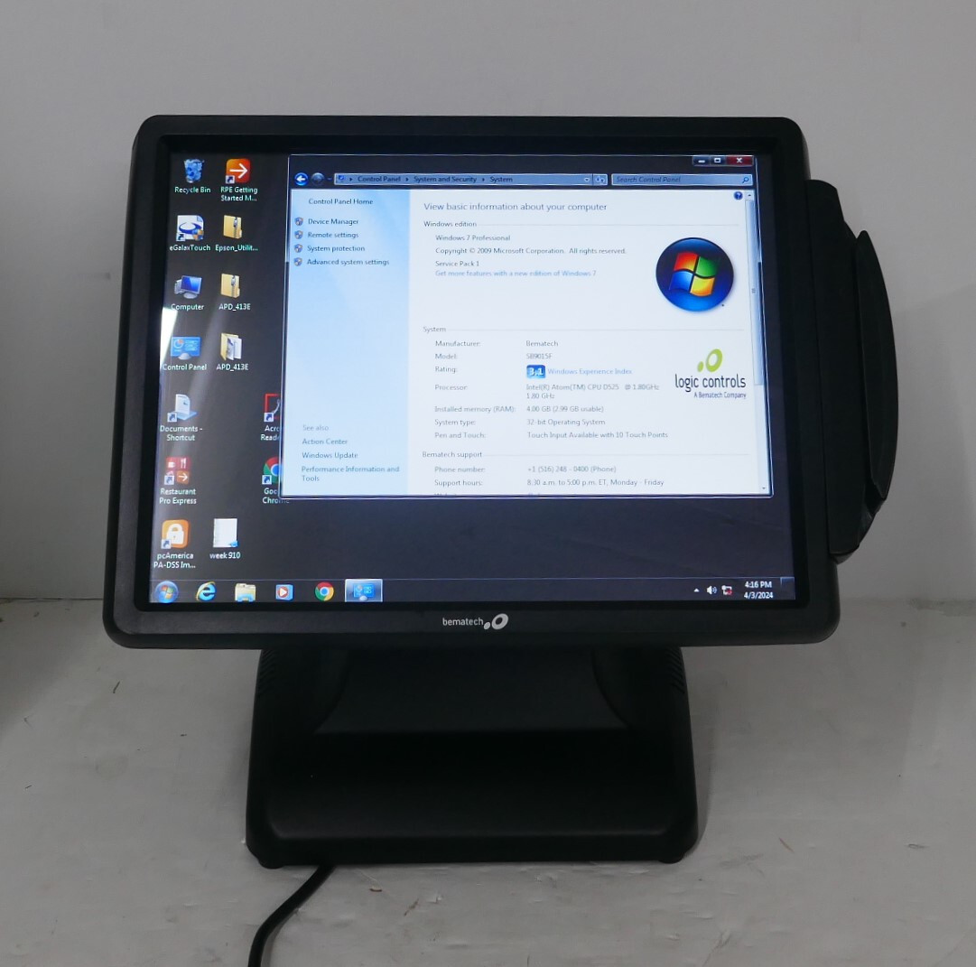 Bematech SB-901SF 15" AIO Intel D525 4GB Ram 320GB HDD with Card Reader Win7 Pro