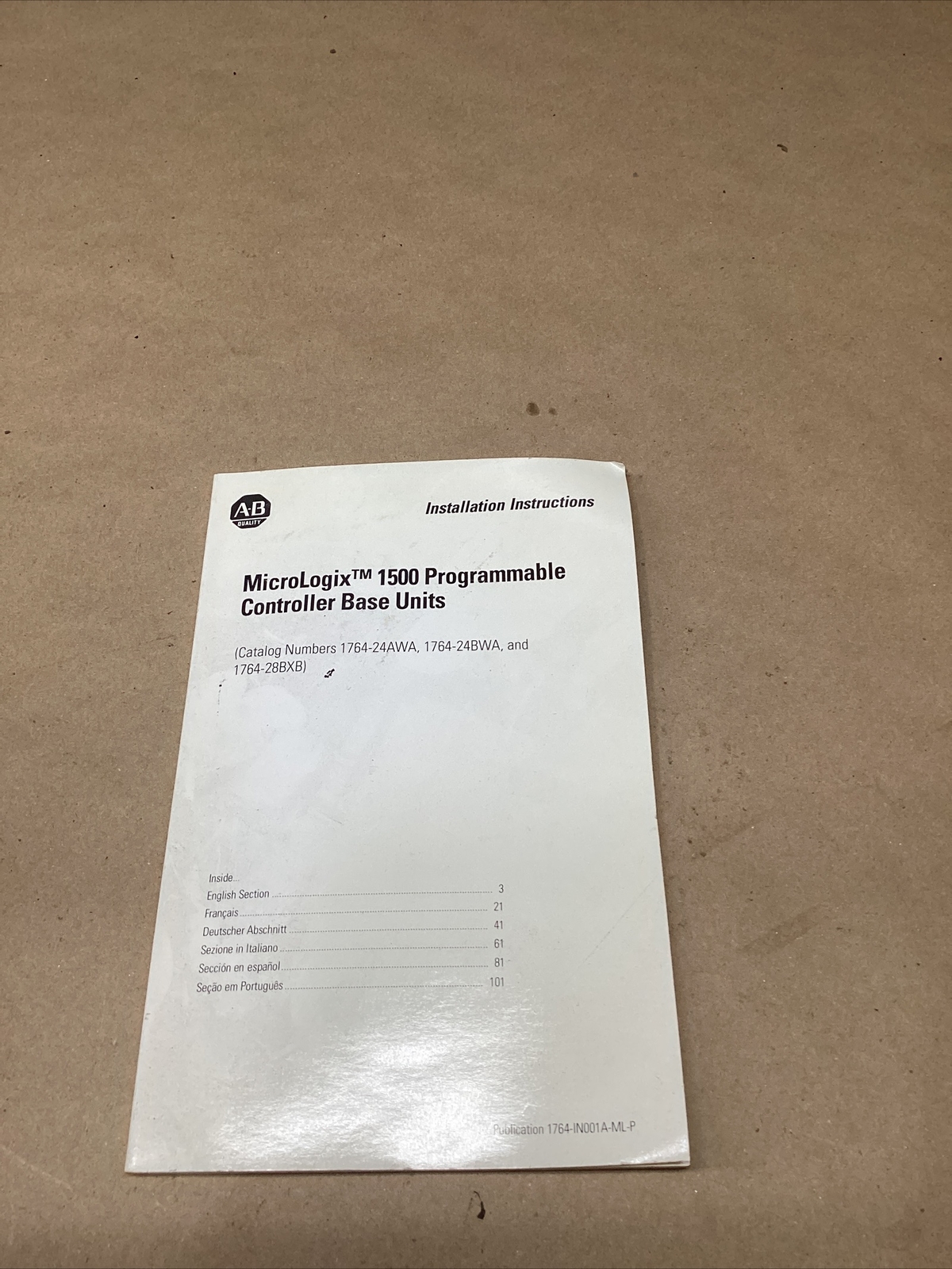 AB MICROLOGIX 1500 PROGRAMMABLE CONTROLLER BASE UNIT Manual #707G105