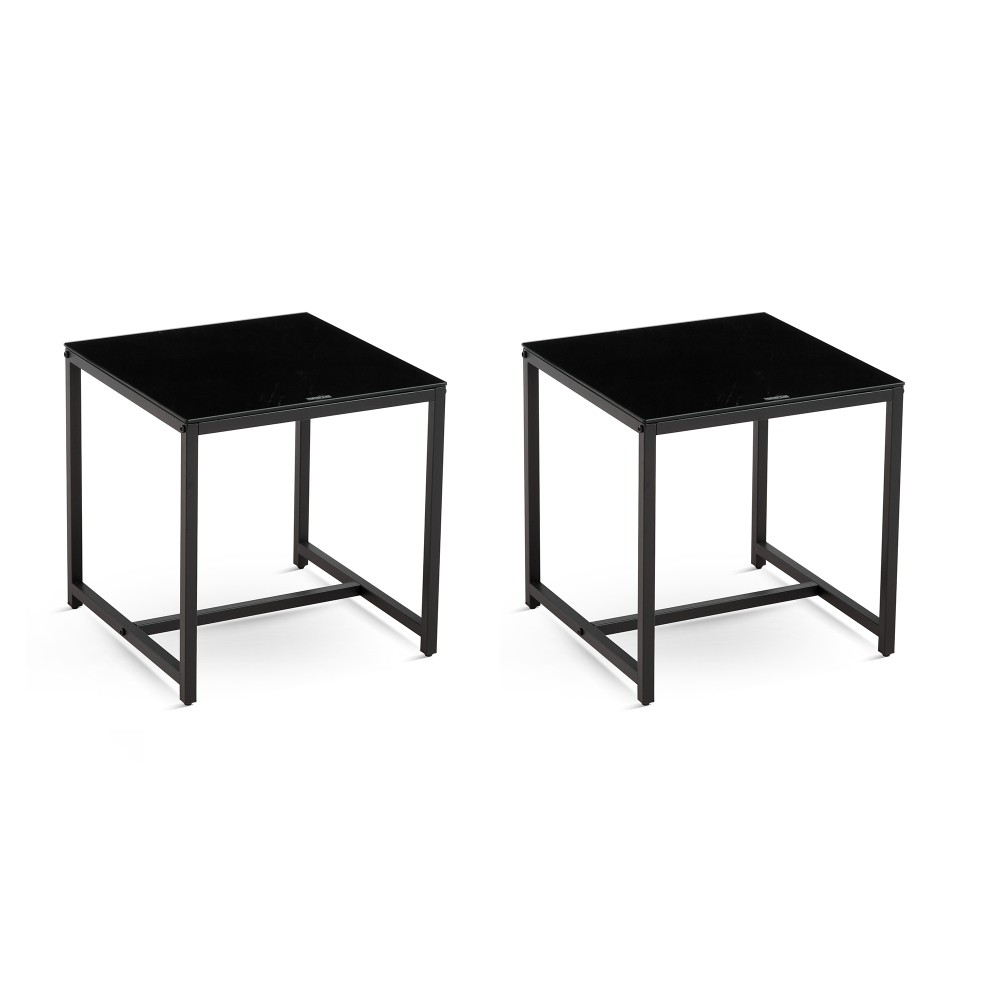 2 Pieces Black Glass Night Stand MDF Side Table Small Tea Table Sofa Table with