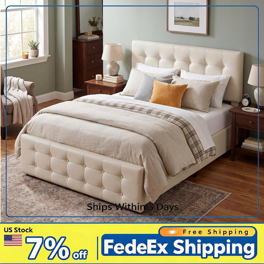 Sturdy Adjustable Platform Bed Frame w/ 4 Drawers & Tufted Headboard, 1000lb