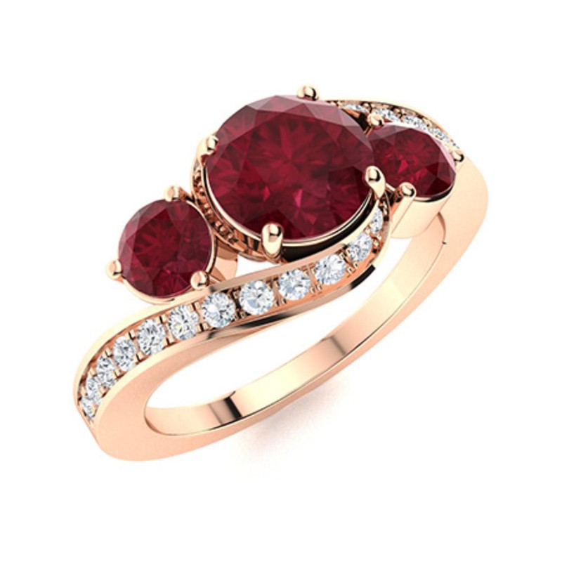 6mm Round Ruby Ring 925 Sterling Silver Rose Plated Three Stone Bypass Band