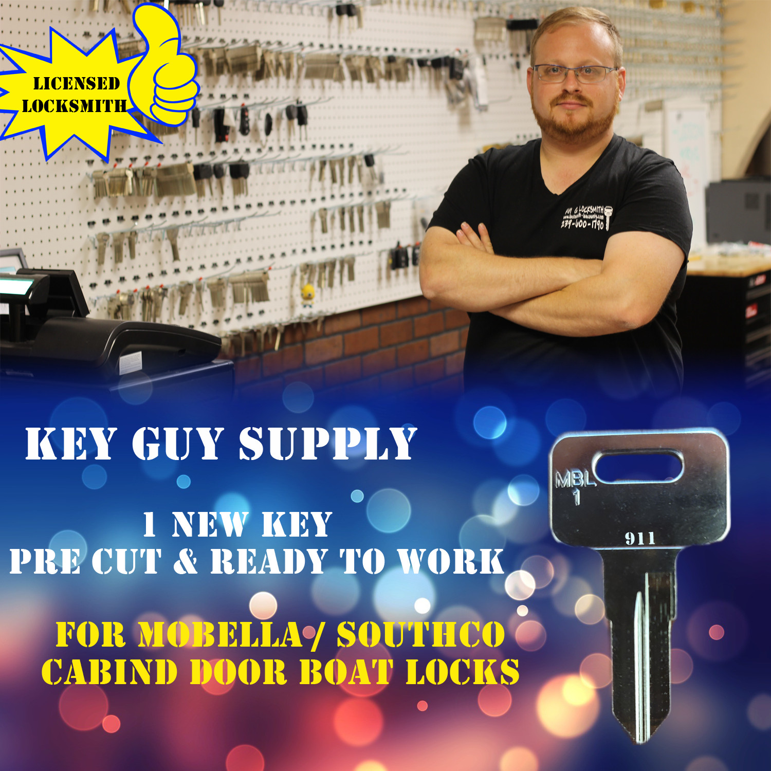 911 Mobella key. Pre cut for Southco and Mobella boat locks. Licensed Locksmith.
