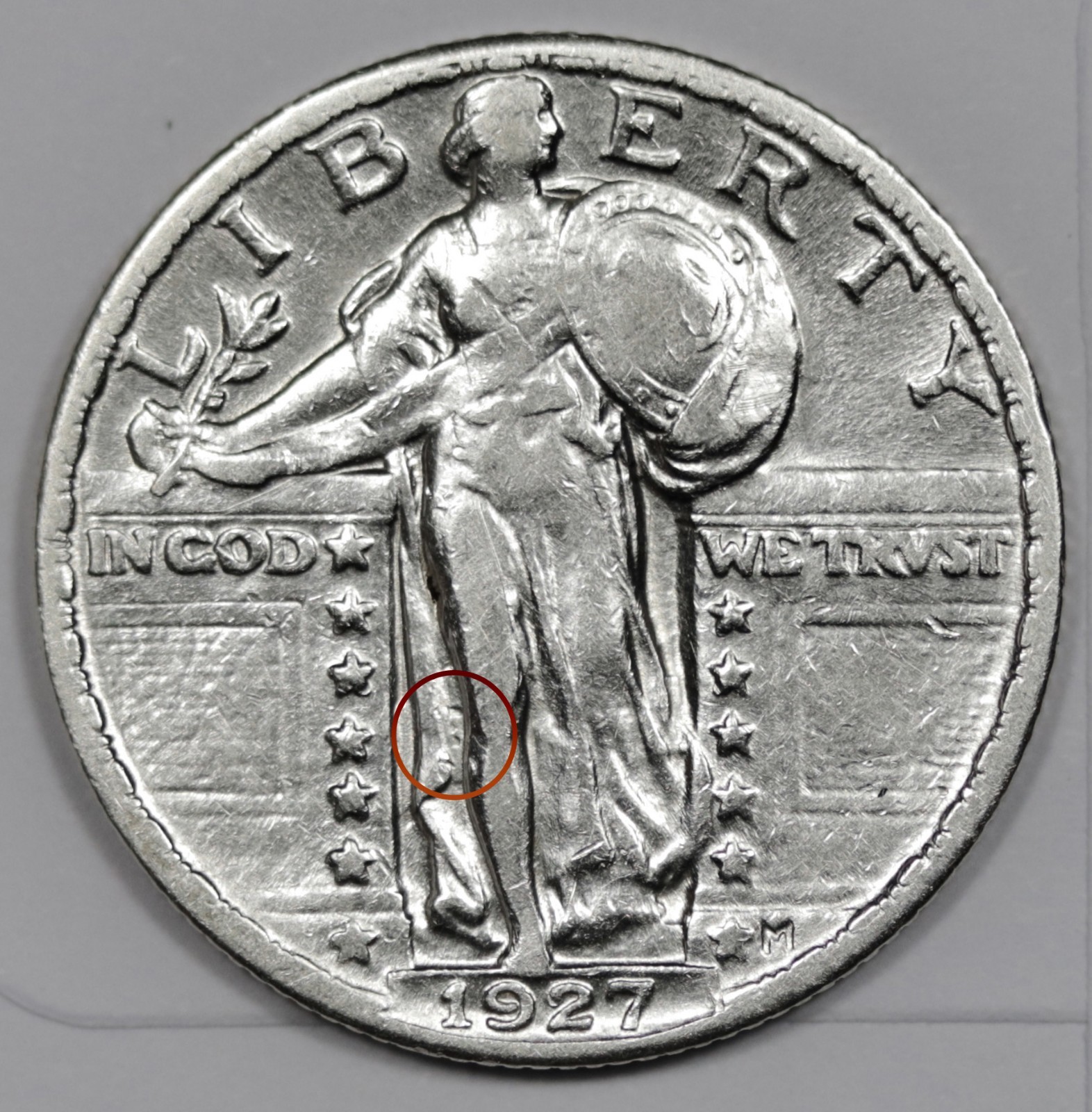 1927 Standing Liberty Quarter.   Error.    Clashed "E" circled.    AU.  210675