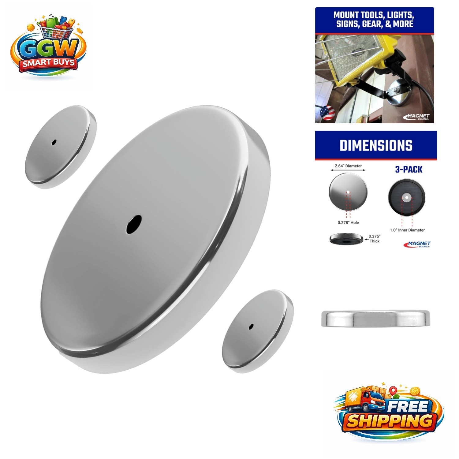 Versatile Nickel-Plated Magnets - 3-Pack with 65 lbs Pull - Indoor/Outdoor Use