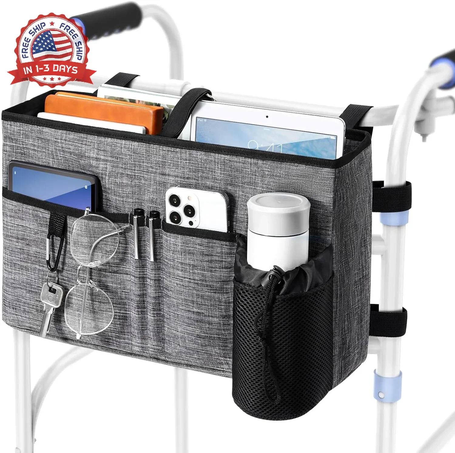 Rhino Valley Walker Bag, Secure Fit Walker Basket with Cup Holder, Large Capacit