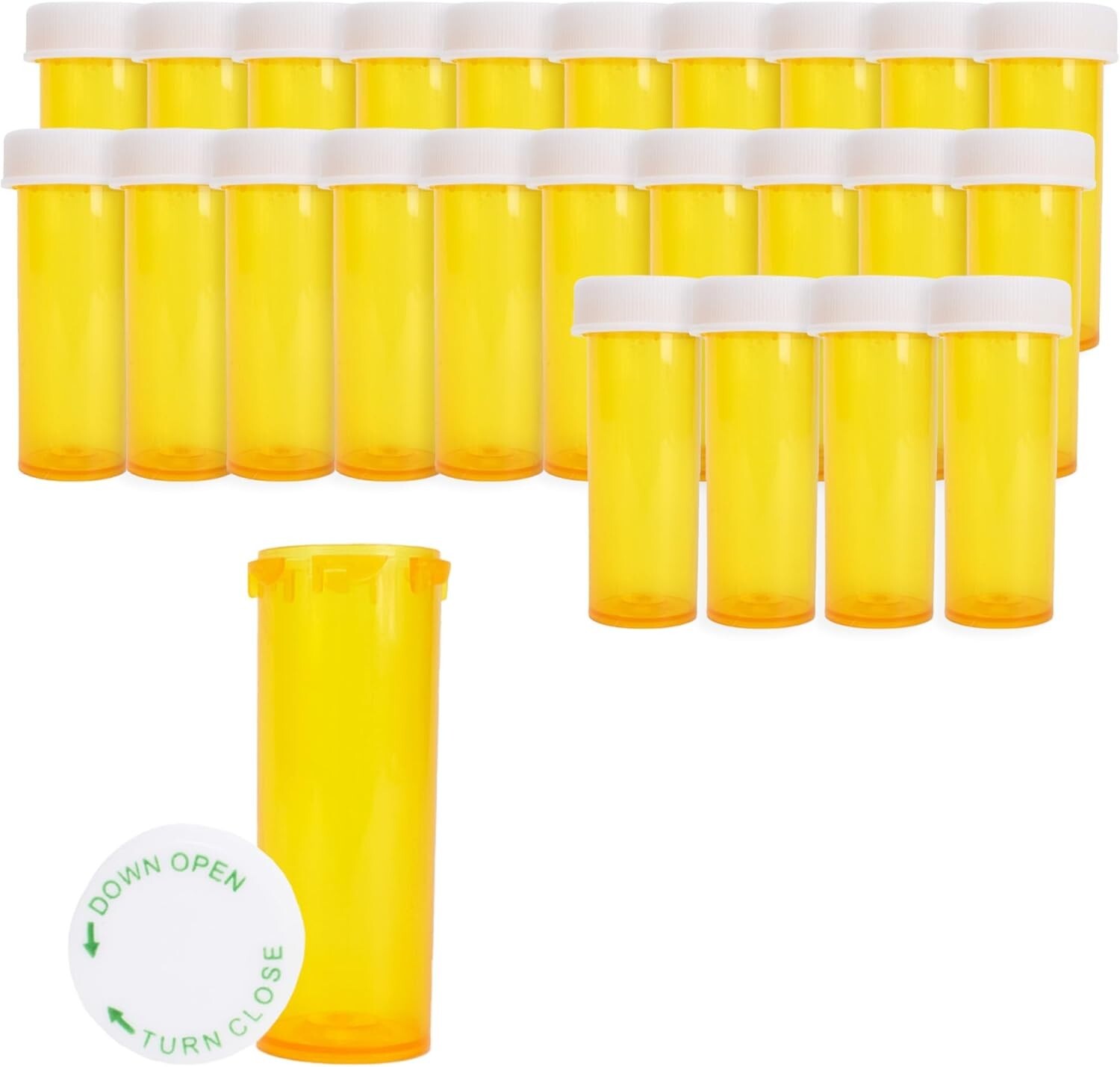 Plastic Amber Medicine Pill Bottles, Push Down and Turn, 6 Dram, 25 Pack