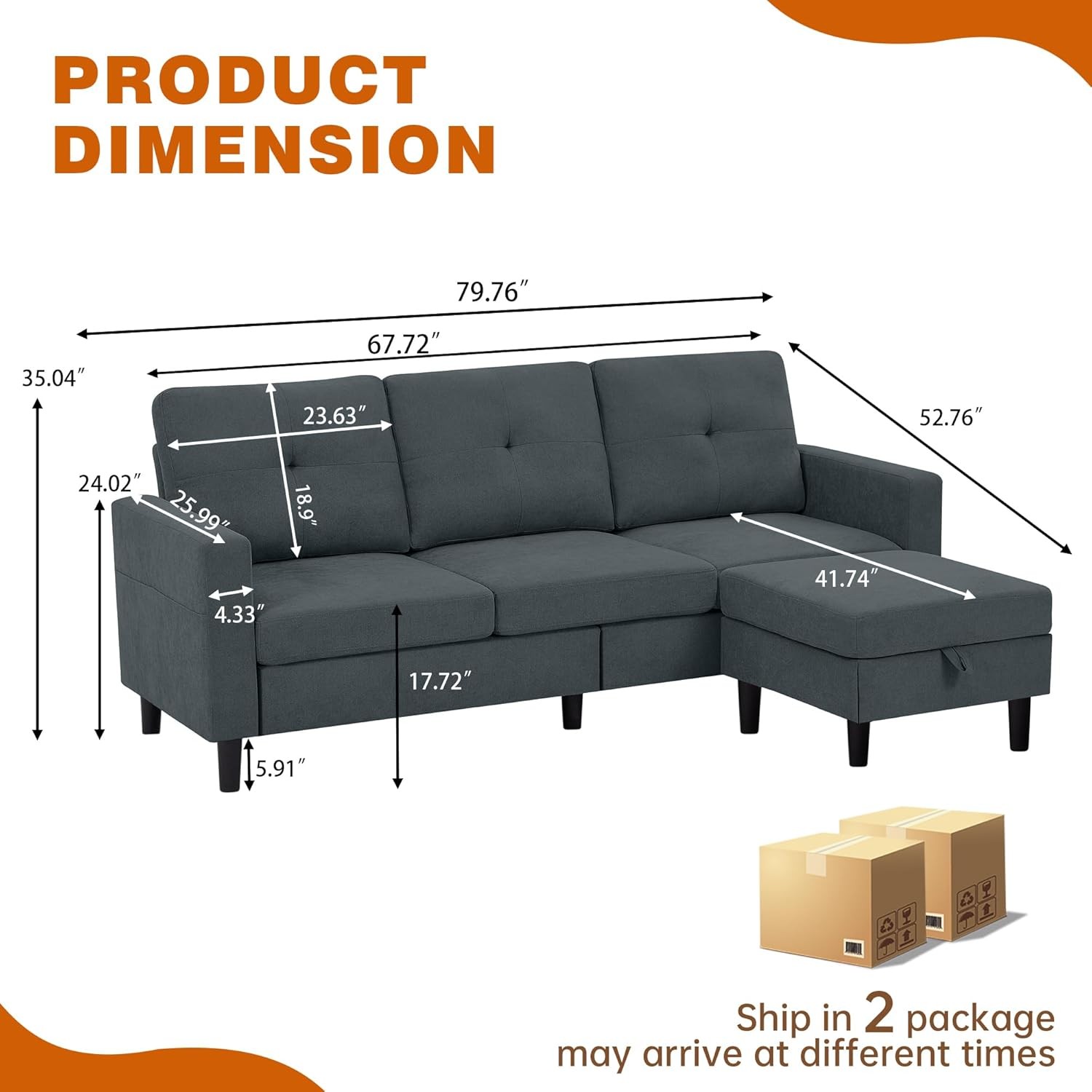 80" Convertible Sectional Sofa Couch with Movable Ottoman, 3 Seats Sectional