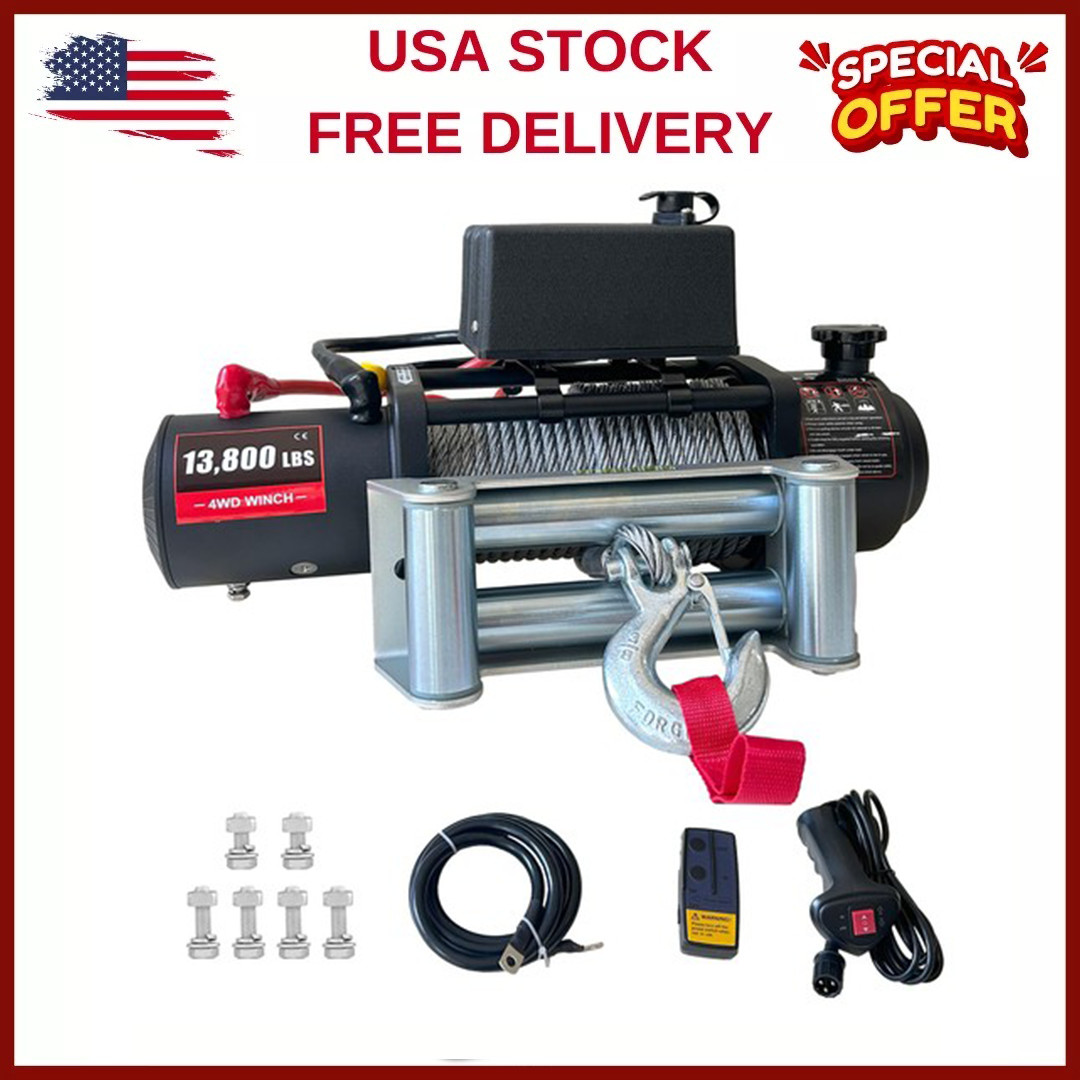 12V 13800LBS Electric Winch Steel Cable Truck Trailer Towing Off Road 4WD 80ft